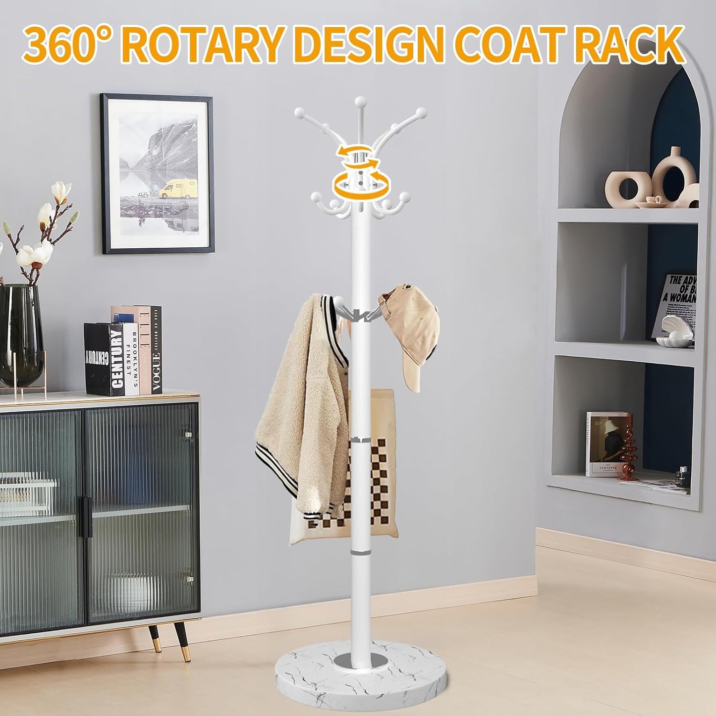 Metal Coat Rack Stand with Natural Marble Base, Modern Coat Rack Freestanding, 360°Rotary Coat Racks with 14 Hooks, Heavy Duty Coat Hall Tree Hanger Stand for Entryway, Office