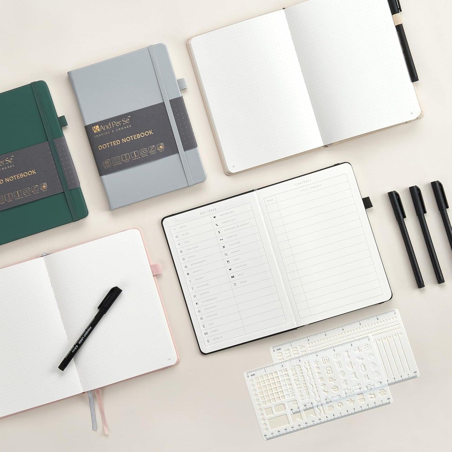 &And Per Se Bullet Dotted Journal Notebook, A5 Leather Hardcover, 176 Numbered Pages 100GSM Thick Dotted Paper, 2 Sheets of Stencils Included - 5.7'' x 8'' (Dark Blue)