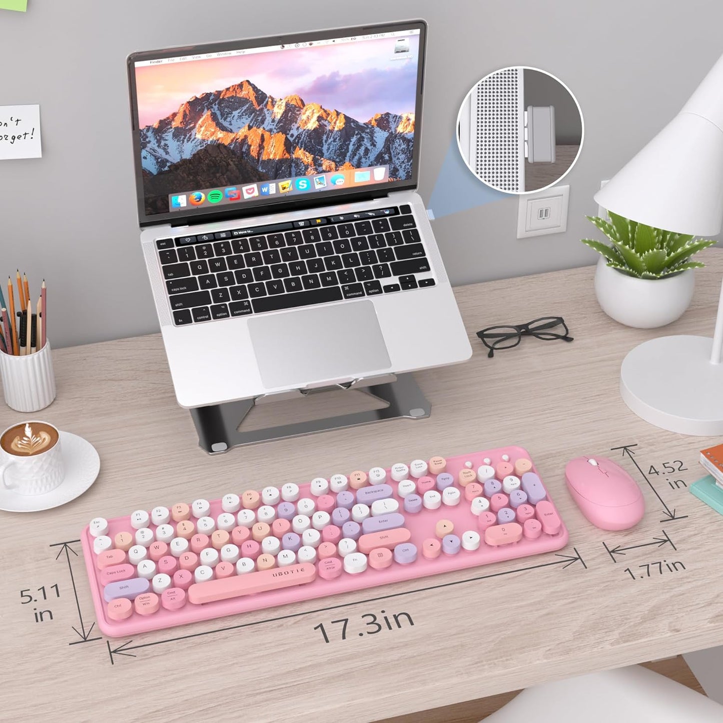 UBOTIE Colorful Computer Wireless Keyboard Mice Combo, Retro Typewriter Flexible Keys Office Full-Sized Keyboard, 2.4GHz Dropout-Free Connection and Optical Mouse (Pink-Colorful)