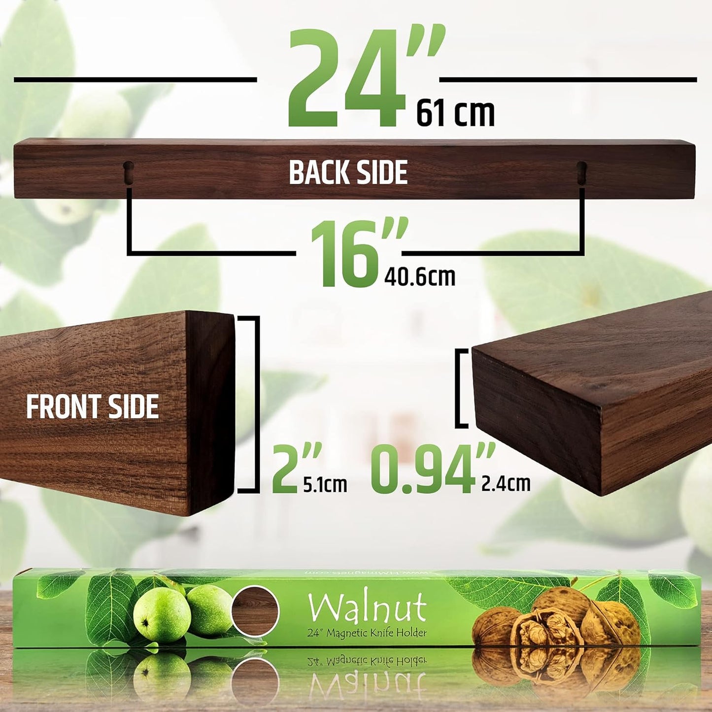 Premium 24 Inch (Large Size) Dark Walnut Wood Magnetic Knife Holder – Professional Wooden Magnetic Knife Strip - Space-Saving Knife Rack/Knife Bar With Powerful Magnetic Pull Force (Upgraded Version)