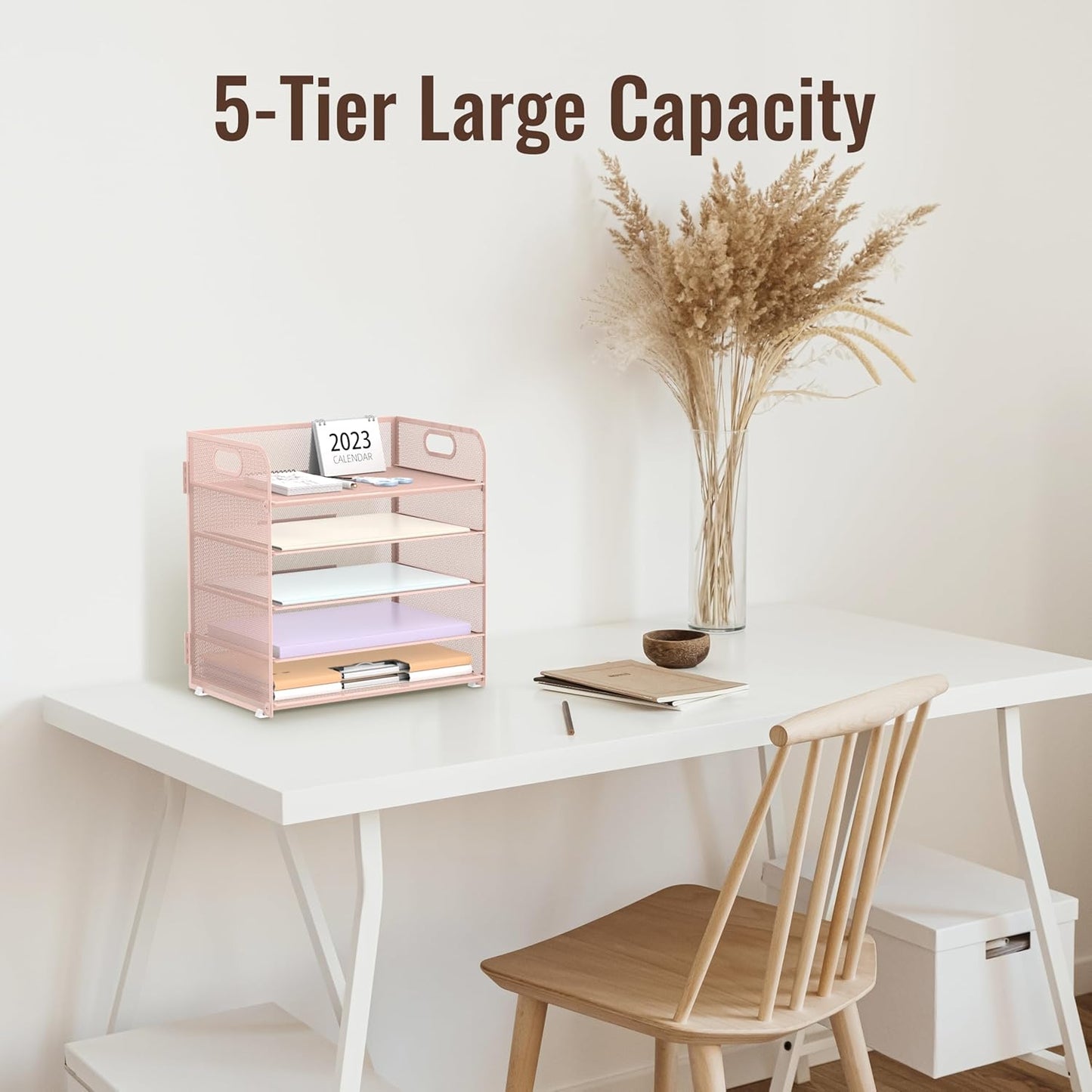 SUPEASY 2 Pack 5-Tier Pink Desk Organizer with Handle Mesh Desk File/Paper Organizer Letter Tray for Office, School and Home Easy Installation