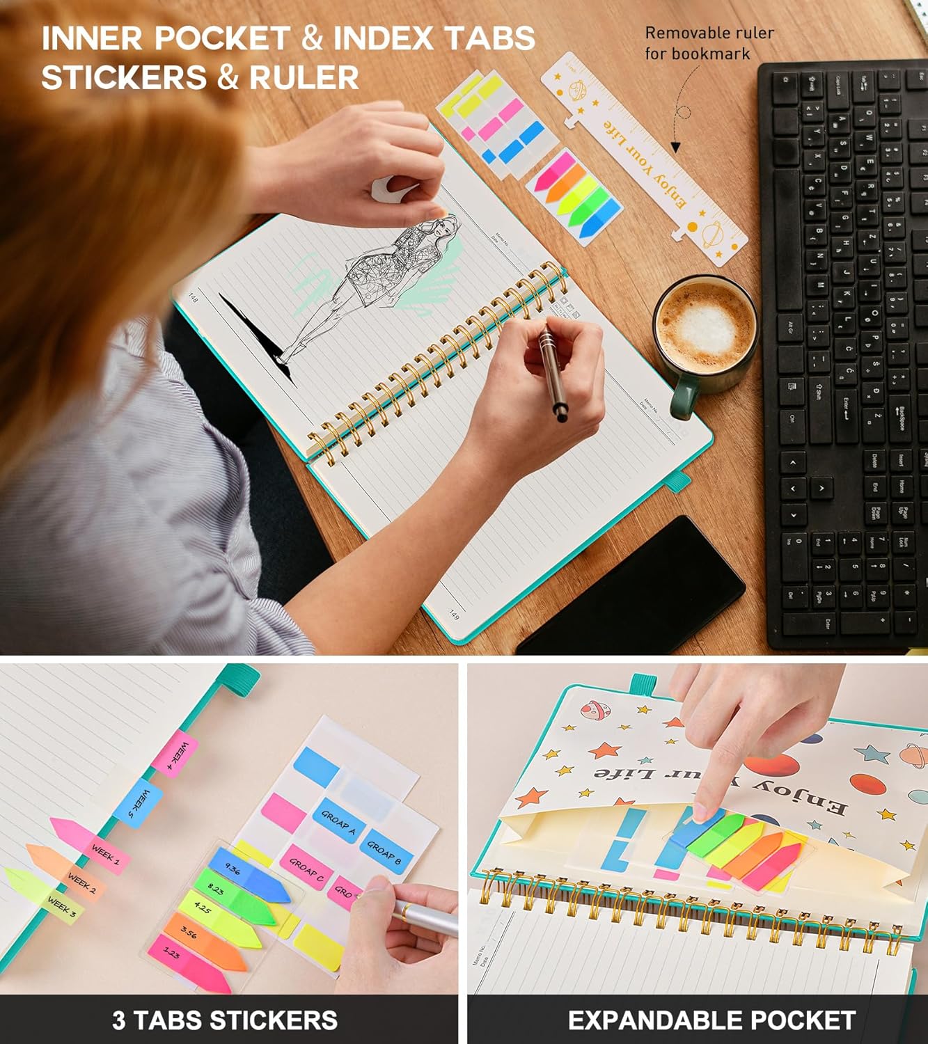 Large Spiral Notebook Journal for Women Men - 300 Numbered Lined Pages, College Ruled,B5 Hardcover Spiral Bound Notebook for School, Work, Note Taking, Writing, Leather Spiral Journal 7"x10"