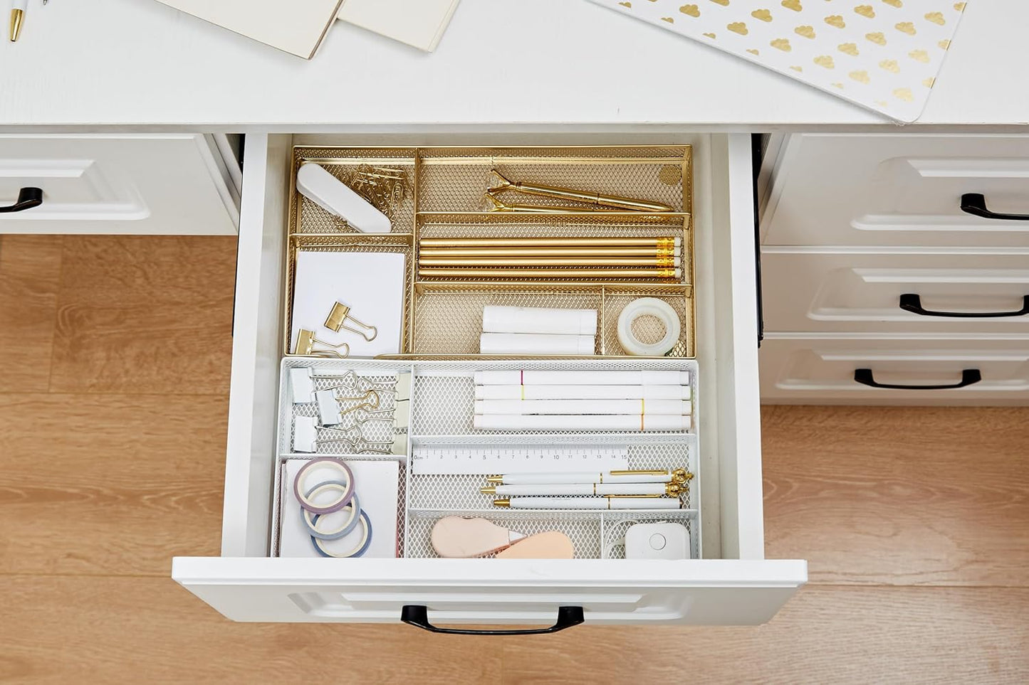 Annova Desk Drawer Organizer Tray for Office Organization - Metal Mesh - Storage Tray with Dividers for Pens, Desktop Accessories, Bathroom, Kitchen, Makeup and Office Supplies (Small, Gold)