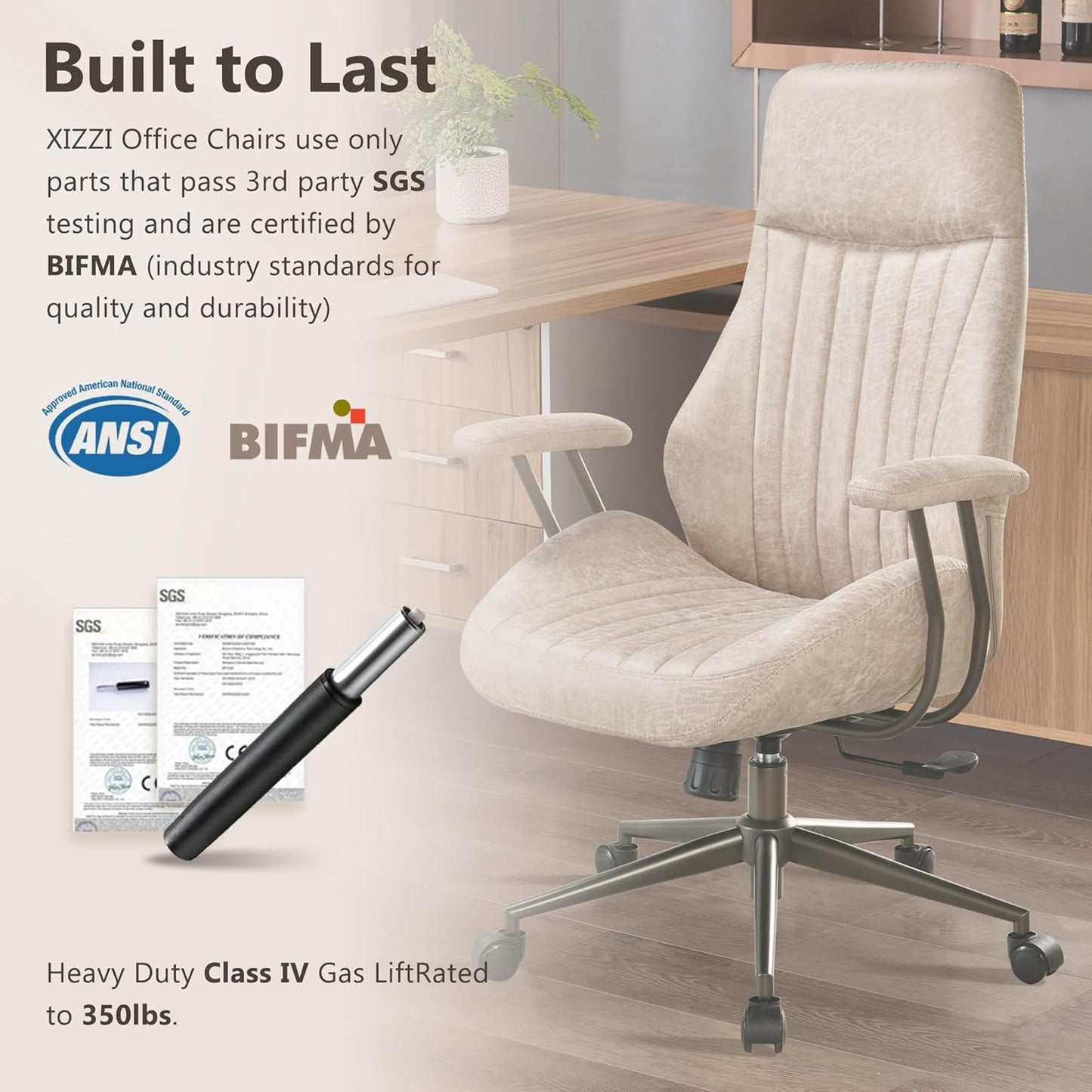 Mid Century Modren Office Chair - High Back Swivel Executive Chair with Lumbar Support,Ergonomic Computer Desk Chair with Wheels,Faux Lether Suede Task Chair,350lbs (Beige, High Back)