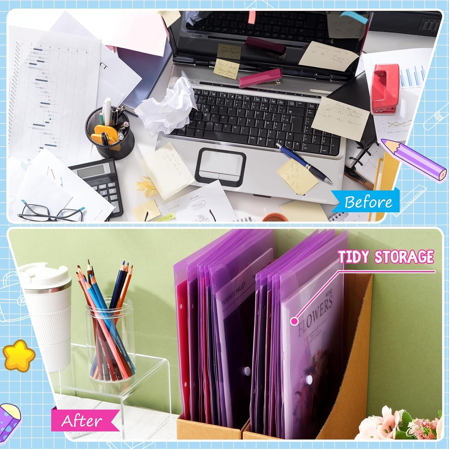 100 Pcs Clear Envelopes with Snap Button Closure Bulk A4 Letter Size Clear Plastic Envelope Folder Document Organizer File Folders for Office Home (Purple)