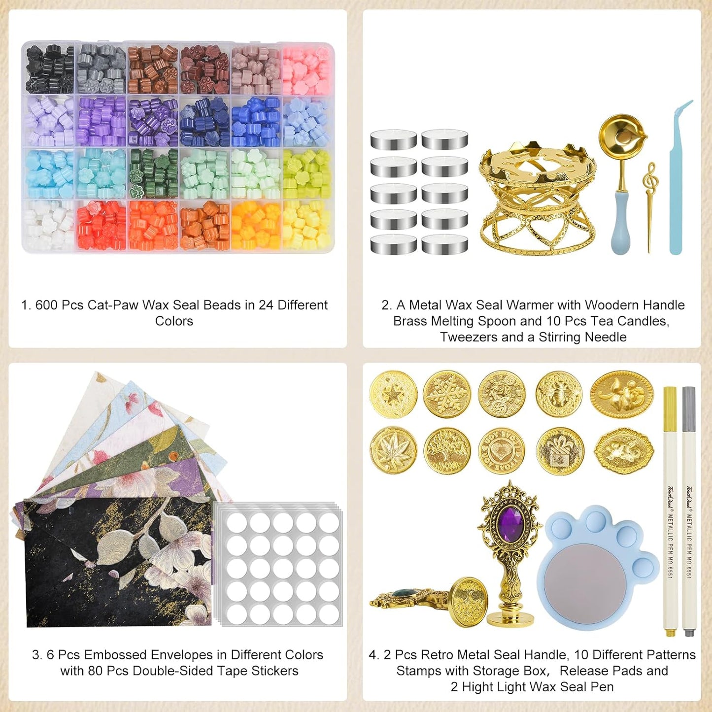 Numola Wax Seal Kit with Gift Box, 24 Colors 600 Pcs Cat-paw Beads, 10 Stamps with Storage Box, 2 Retro Handle, Metal Warmer, Vintage Envelopes, Metallic Pen, Candles, for Gifts and Decorating