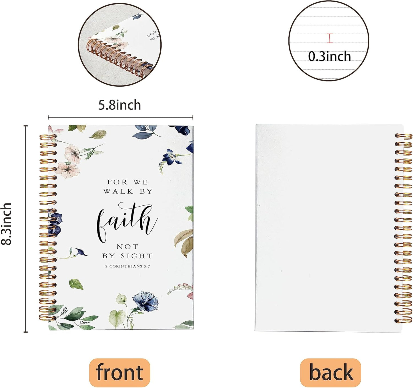 VNWEK Bible Scripture 2 Corinthians 5:7 for Me Walk by Faith not by Sight Watercolor Floral Spiral Notebook Journal 5.5 x 8.3 inches,Christian Lined Hardcover Spiral Notebook,Christian Gifts