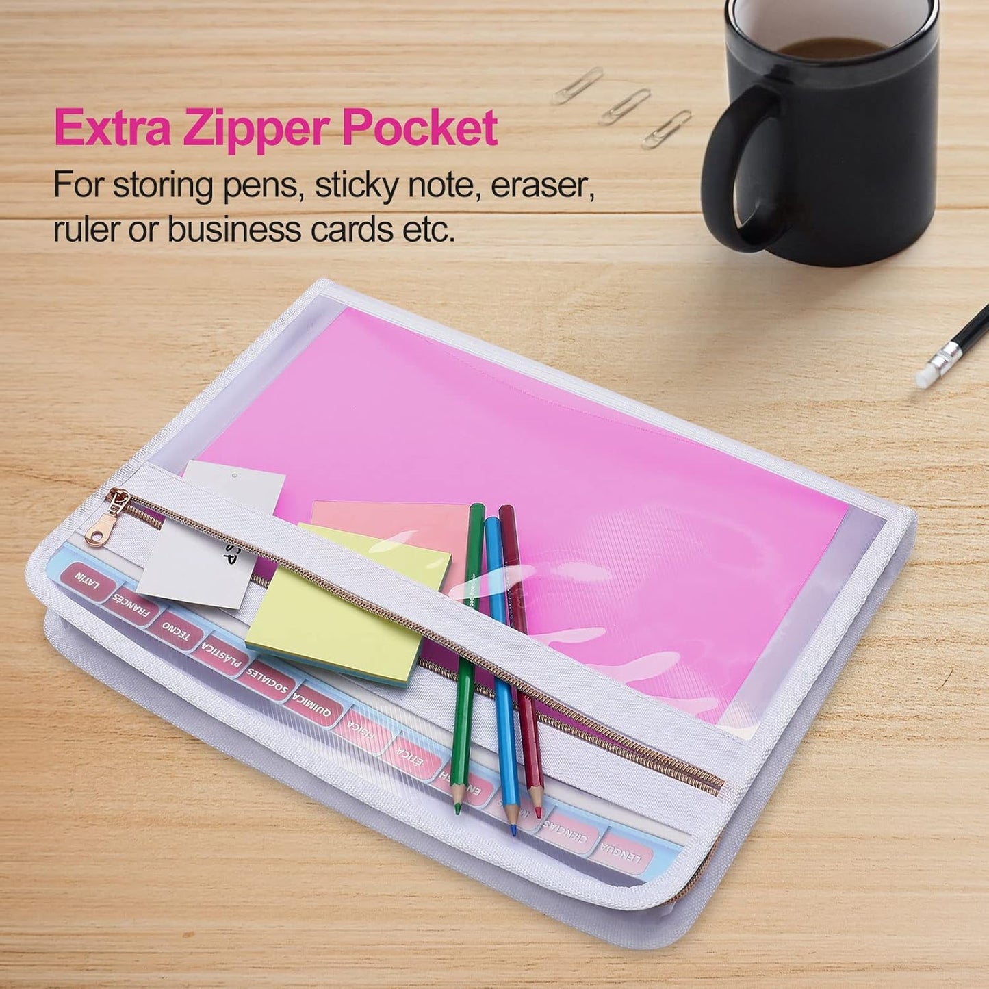 MEGREZ Expanding File Folder with 13 Pockets, A4 Paper File Folder with Zipper Color Labels, Waterproof Accordion File Folder Organizer for Home Office, Pink-Clear