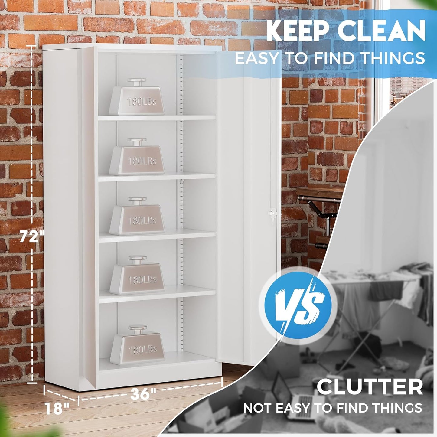 Greenvelly White Metal Storage Cabinets 72” Garage Steel Storage Cabinet with Doors and Shelves, Metal File Organization for Home Office, Basement, Warehouse, Classroom(Anti Ttipping)