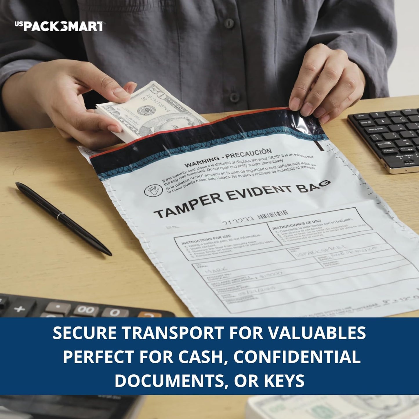 10"x13" Opaque Plastic Deposit Bags with Security Tape Tamper Evident - Secure Bank Deposits, Cash Handling, & Currency Transport | Self-Sealing Tape with Hidden Graphics | 100-Pack