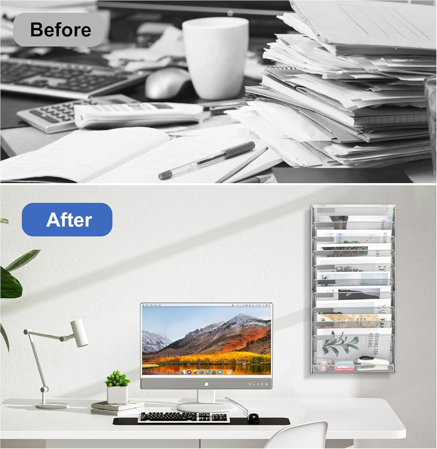 EasyPAG 11 Tier Wall File Holder with Flat Tray, Silver | Easy Assemble Mesh Desk File Organizer | 10-Folder Paper Storage | Replaceable Classify Labels | Space Saving Mail Organizer for Office Home