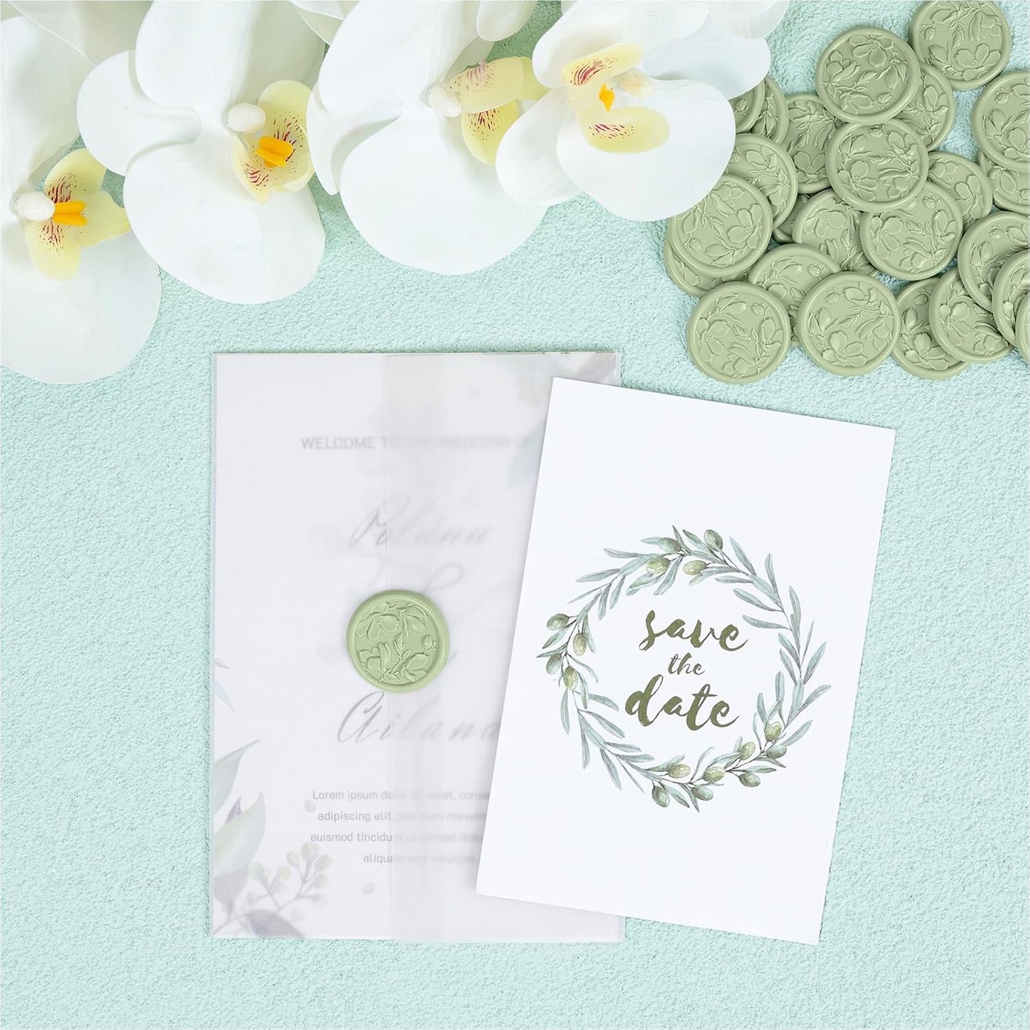 UNIQOOO Wax Seal Stickers - 3D Magnolia Wedding Invitation Envelope Botanical Seal Stickers, 50 Pcs Self- Adhesive Sage Green Stickers, Perfect for Invitation, Christmas, Gift Wrapping, Party