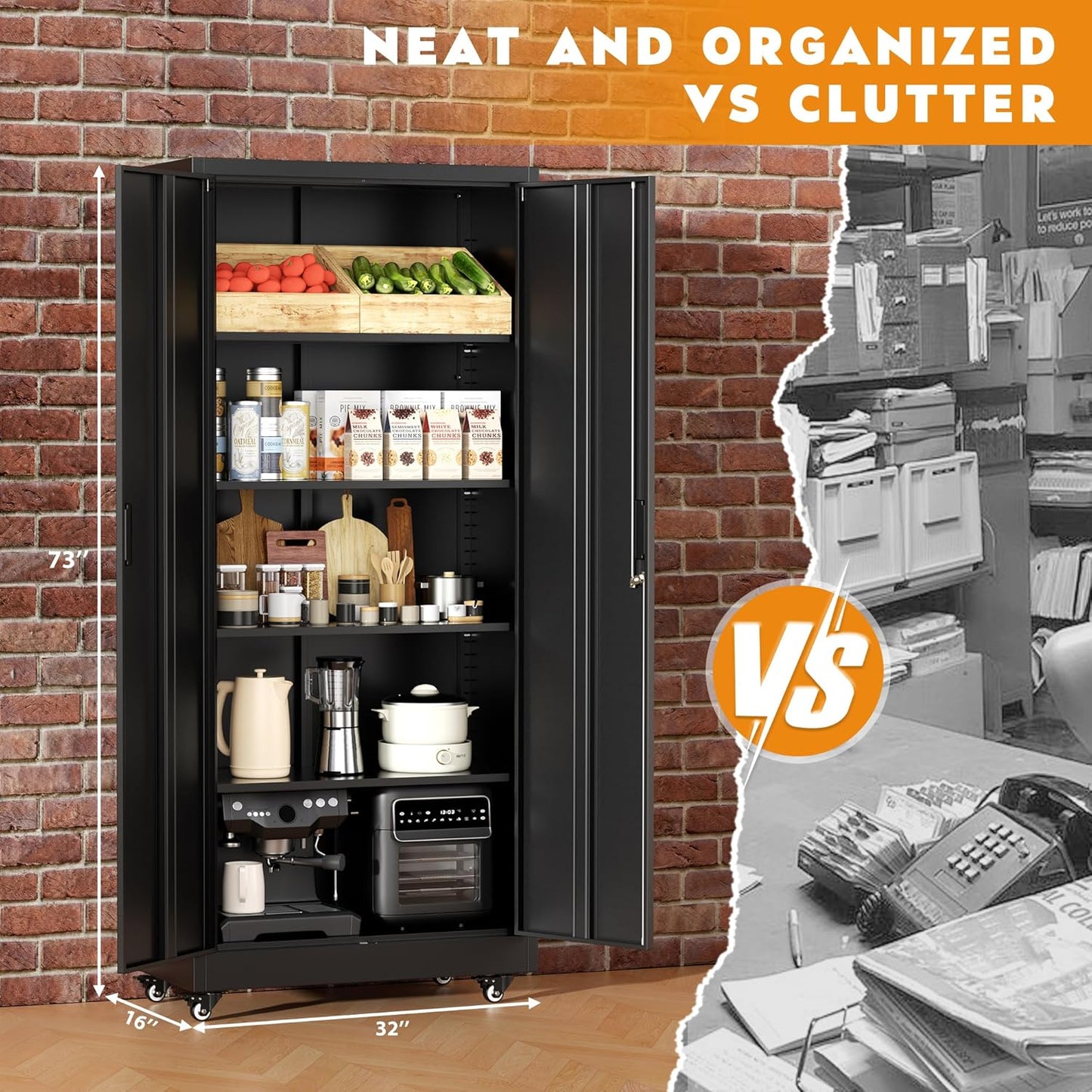 Greenvelly 74" Metal Storage Cabinet with Wheels, Lockable Rolling Metal Garage Cabinets with 2 Doors and 4 Adjustable Shelves, Rolling Tool Cabinet for Garage, Home Office, School