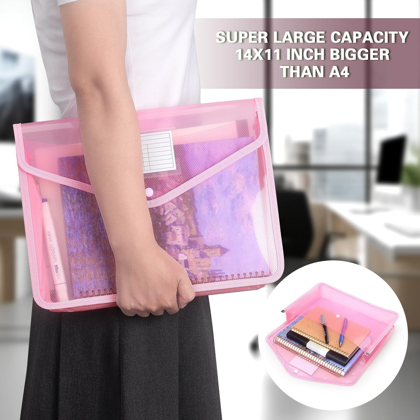 Plastic Expanding File Folder, Transparent envelopes with Snap Closure, No Dividers, Large Capacity, Fit Letter/A4 Size (Pink)