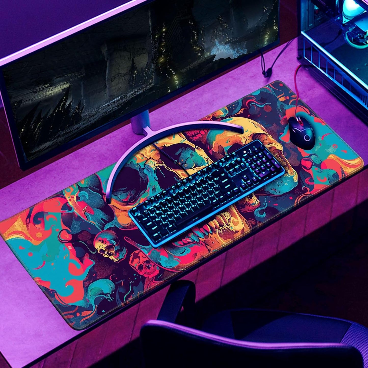 Desk Mat Psychedelic Desk Accessories Skulls Extended Gaming Mouse Desk Pad Decorations for Office Keyboard Mousepad Mat31.5x11.8in, Stitched Edge Non-Slip Bottom Large Mouse Pad