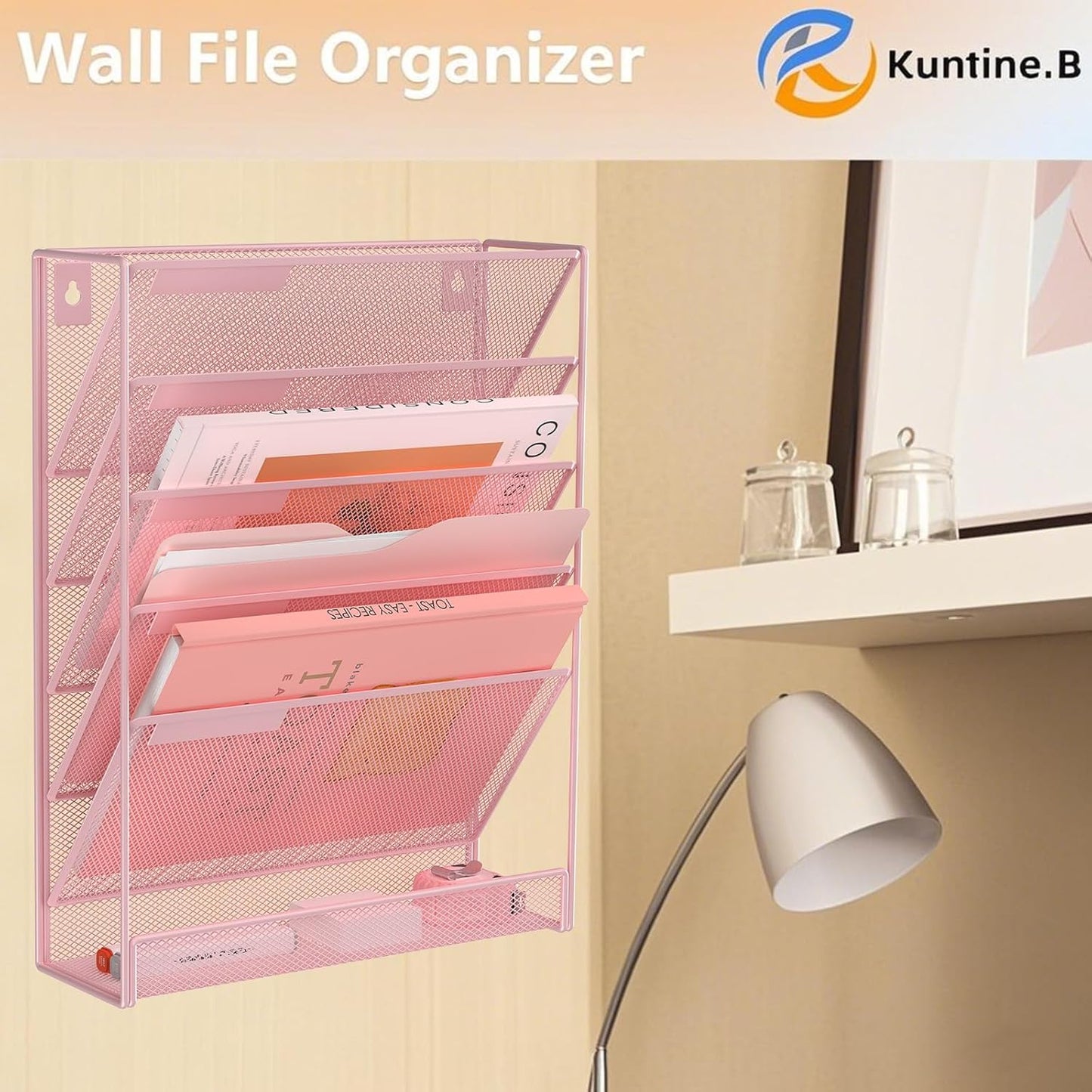 Kuntine.B Wall File Organizer Office Hanging Magazine Holder Wall File Organizer for Office Home (Pink, 6 Tier)
