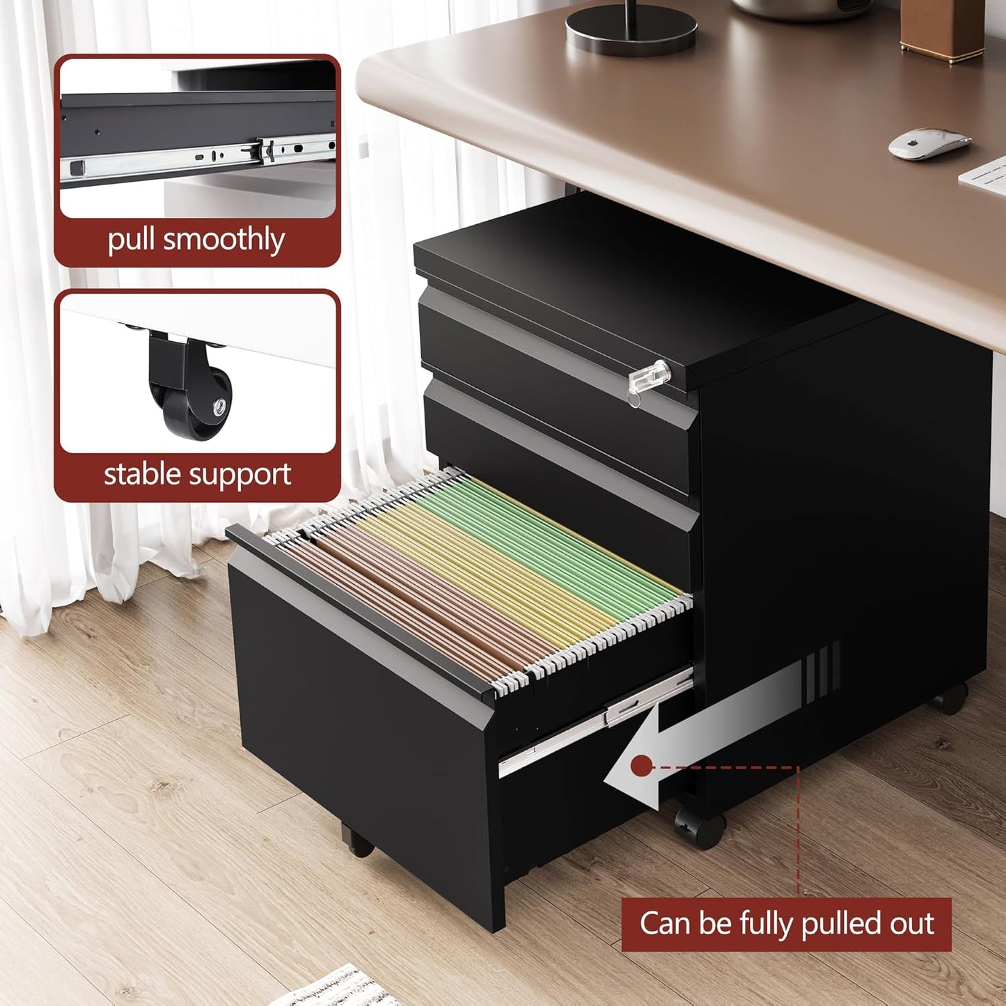 3 Drawer File Cabinet,Mobile Filing Cabinet with Lock and Wheels,Un-Assembled Metal Under Desk File Cabinets for A4/Letter/Legal Size(Black