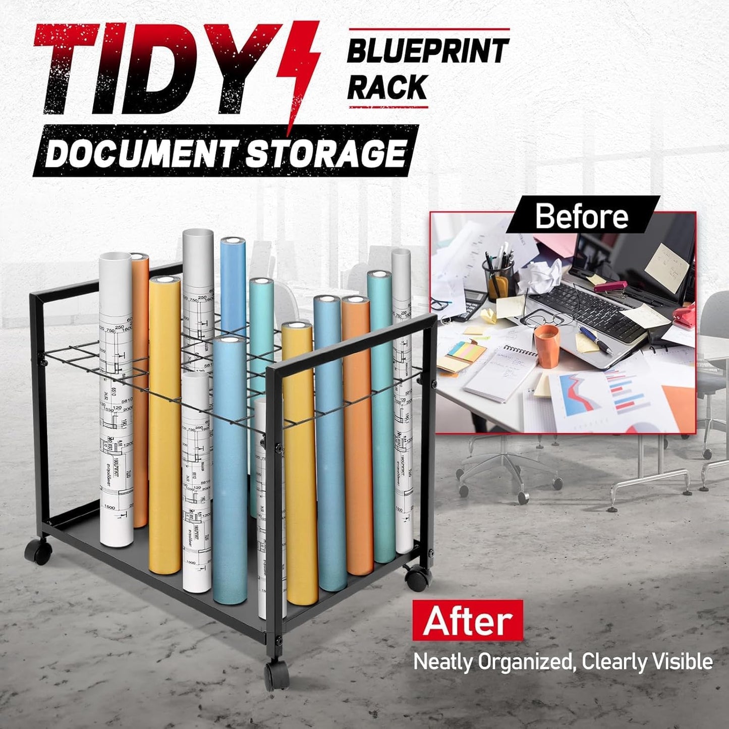 Blueprint Storage Rack 48 Slots Portable Architectural Plan Organizer with Wheels Blueprint File Storage Organizer Map Poster and Drawings Display Rack for Home, Office, School