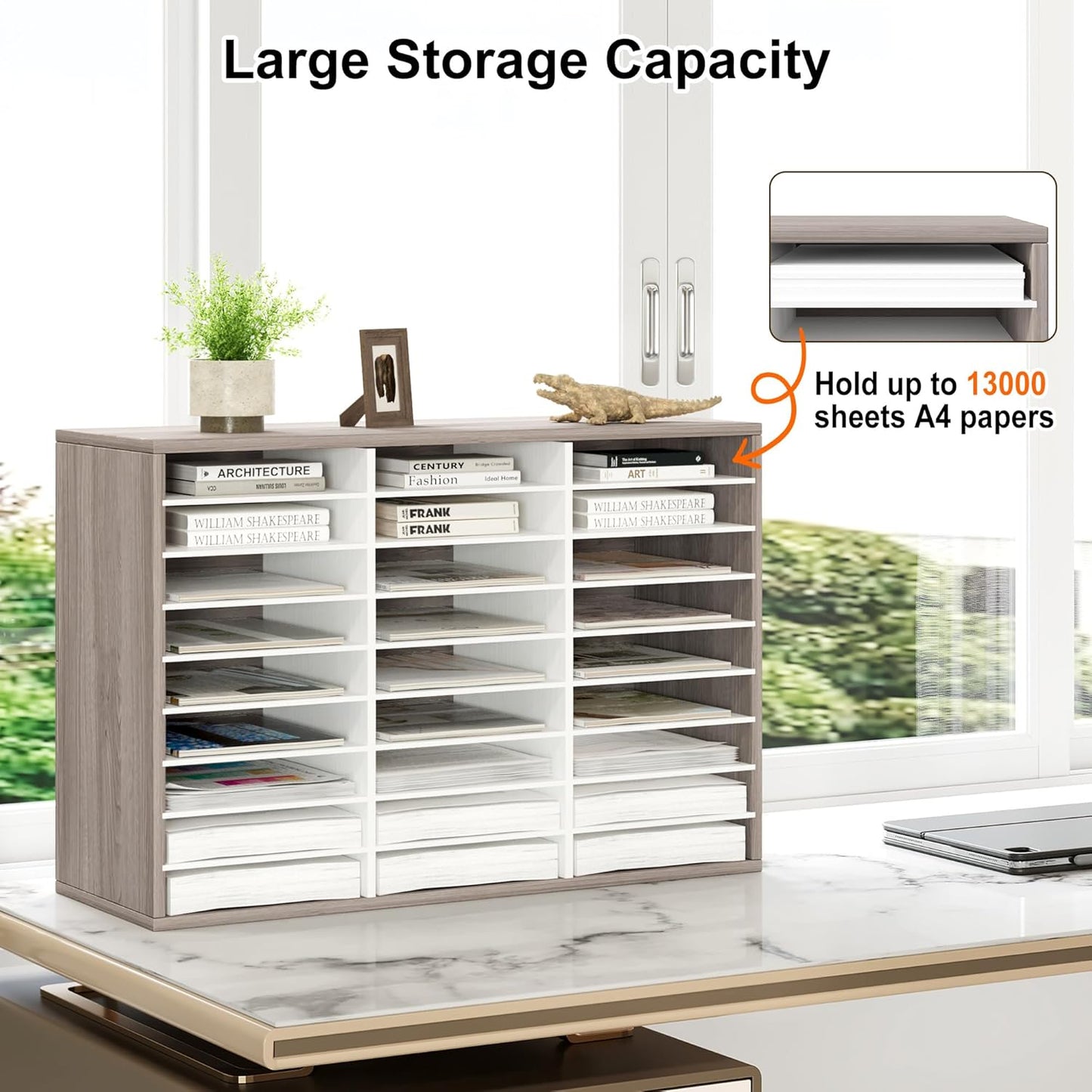 Mail Organizer Countertop, 27 Slots Wooden Desk File Literature Sorter, Adjustable Paper Storage Shelves Document Holder, Space Saving Desktop Mailbox for Office Classroom, Retro Grey/White