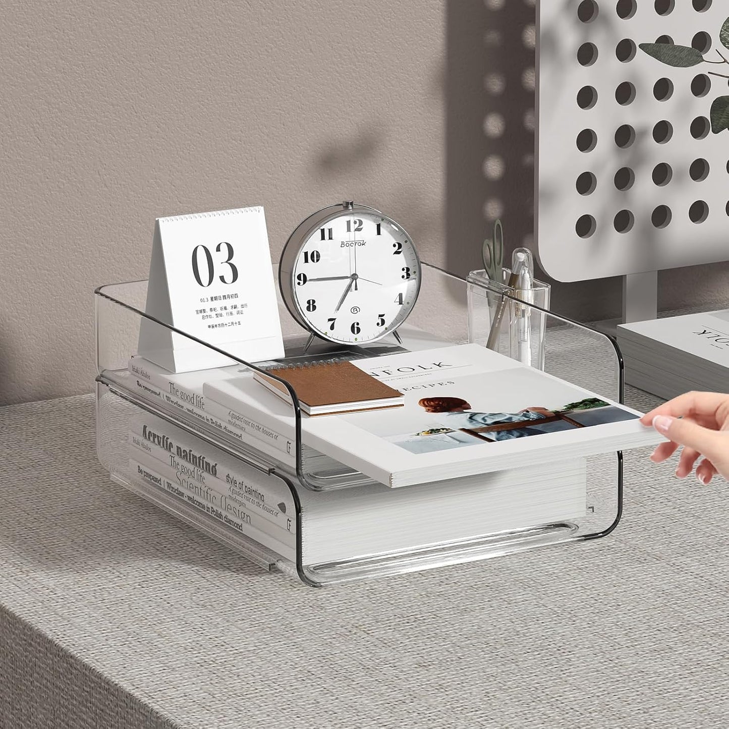 2-Tier Acrylic Paper Tray Organizer with Pen Holder | Clear Stackable Desk Organizer for Documents, Letters, A4 Paper | Modern Office/Classroom/Home Organization