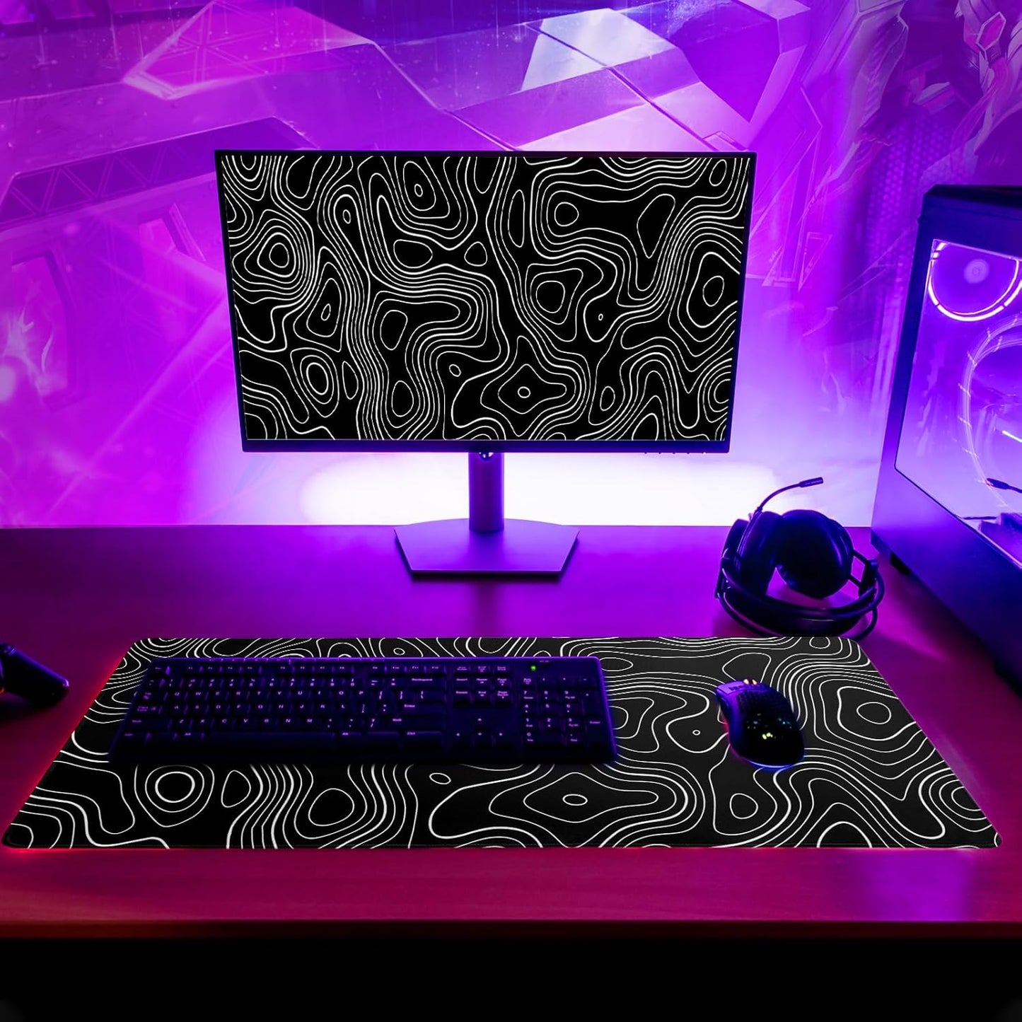 Topographic Contour Gaming Mouse Pad Black Large Mouse Pad for Keyboard and Mousepad Desk Mat with 3mm Non-Slip Base and Stitched Edge for Gaming and Office Computer Mat Protector Mat 27.6x11.8 Inch