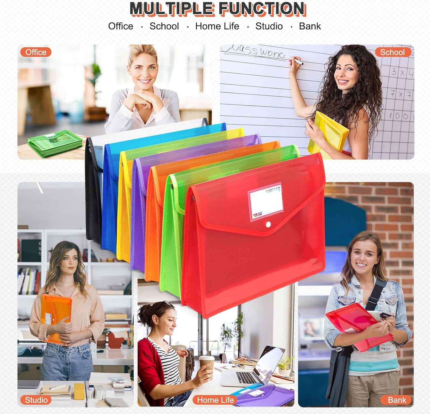 Plastic File Folders, Waterproof Transparent Expandable File Organiser, Portable Large Capacity A4B4 File Wallet for Office Business School (7 Pack)