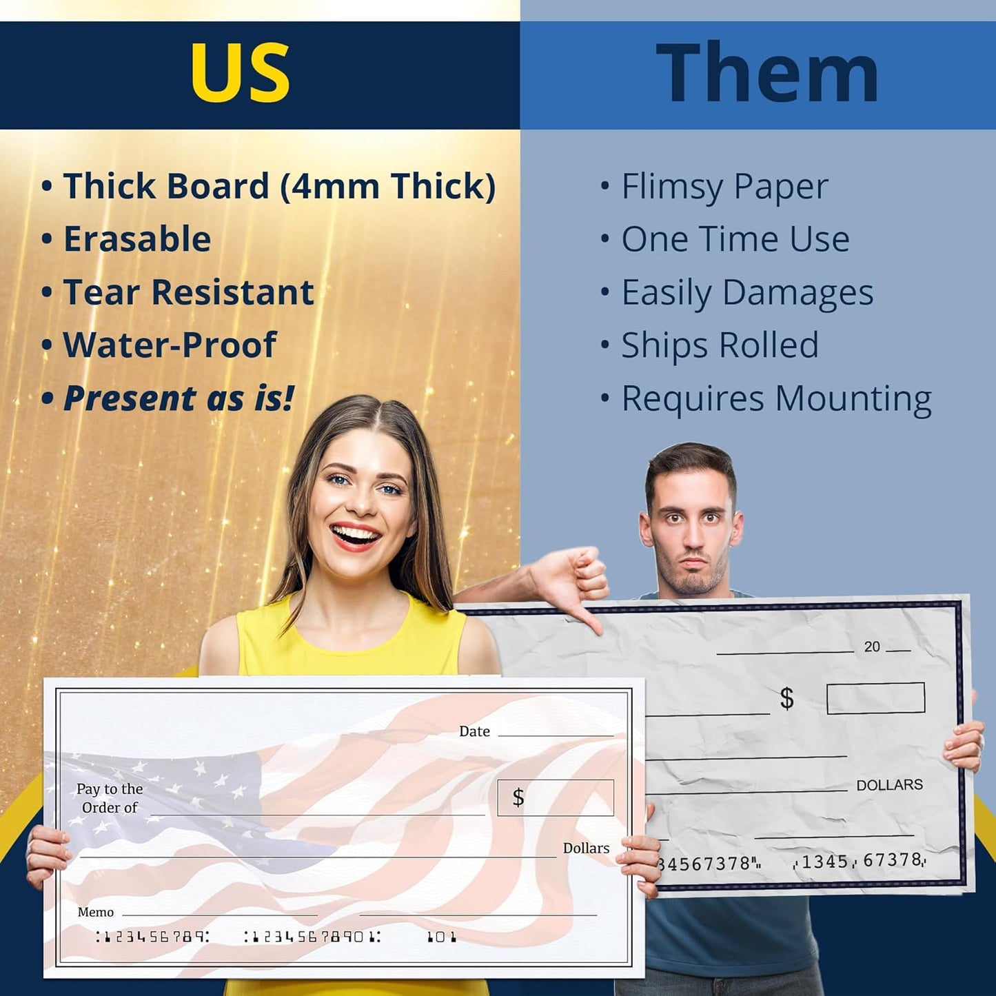Giant Dry Erase Check - 16" x 32", Reusable Big Oversized Blank Check for Presentation - Great Photo-Op for Fundraisers, Charity & Donation Events