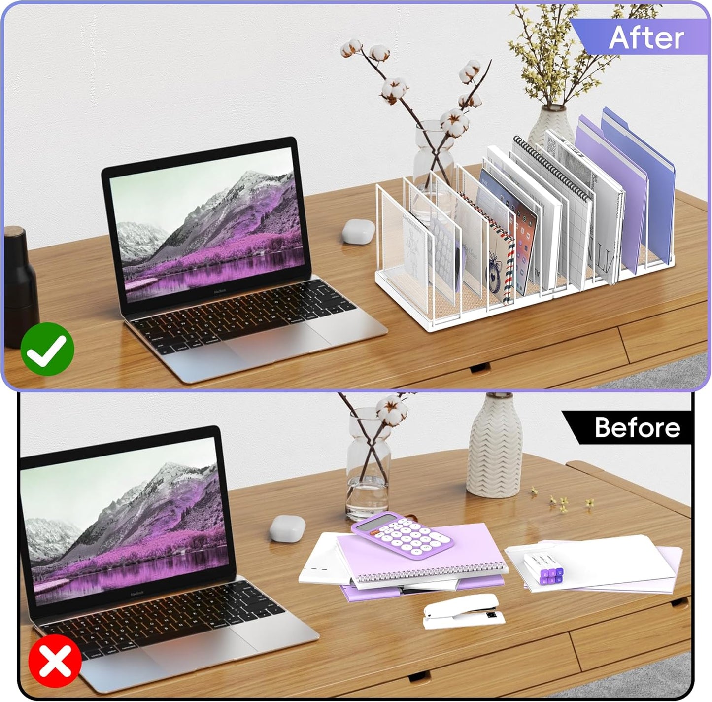 9-Section Desk File Organizer, Vertical File Holder, Mesh Desktop File Folder Metal File Organizer Stand for Office Home Classroom, White