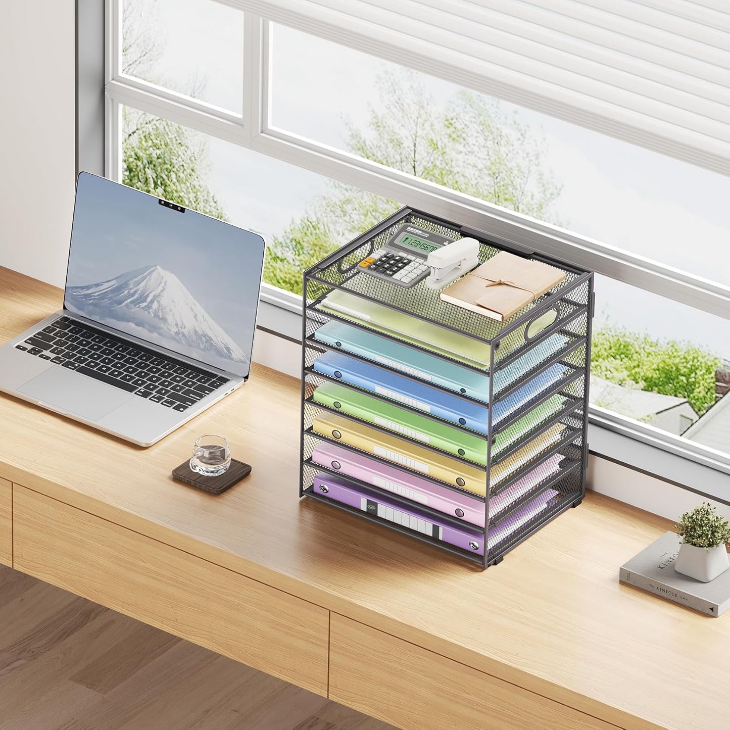 8 Tier Paper Organizer with Handle, Metal Mesh Desk File Organizer, Large Capacity Desk Organizers Paper Letter Tray Desktop Document Sorter for Office, Home or School-Grey