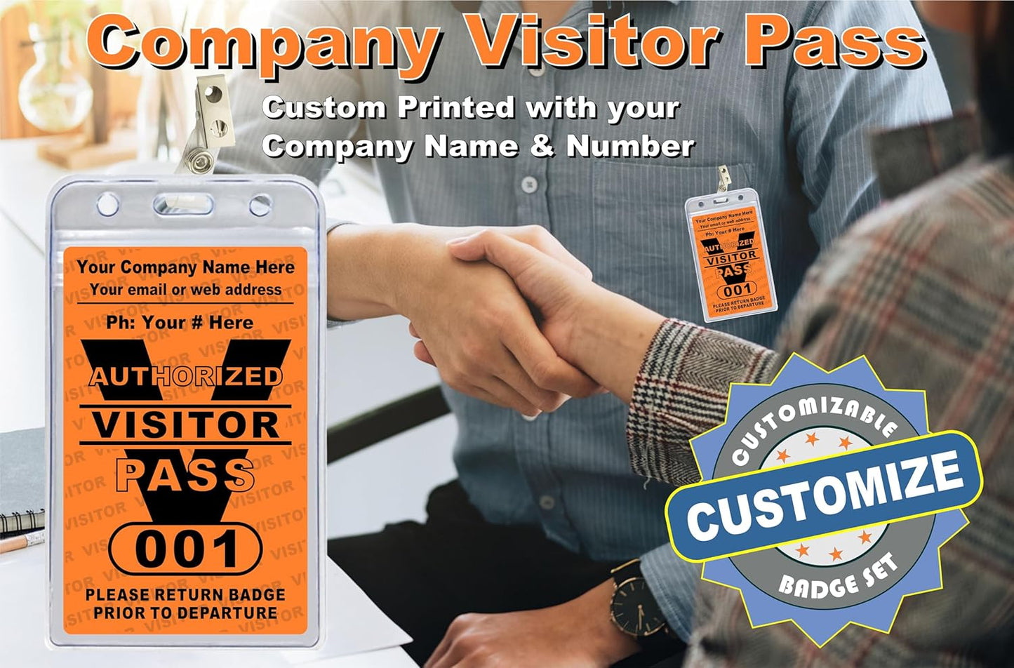 Visitor Pass Badges - PVC Plastic (Custom Printed with Your Company Name & Number) Available in 12, 36, 60 and 108 Piece Sets - Made in The U.S.A. Orange