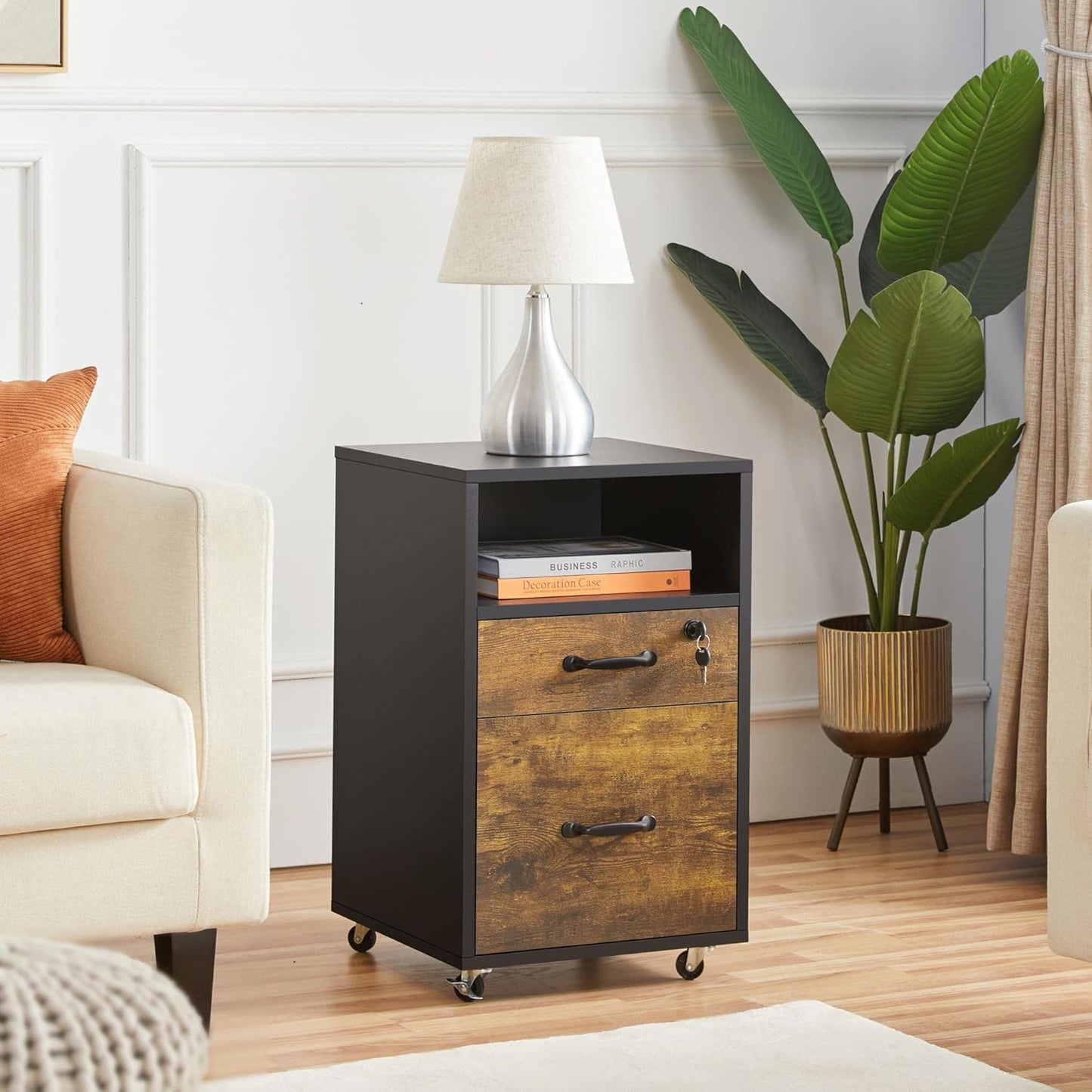 Yaheetech File Cabinet, Under Desk Vertical Cabinet With 2 Drawers and Open Compartment, Printer Stand with Lockable Wheels for A4 Letter Size Hangable File Folders for Home Office(Black/Rustic Brown)