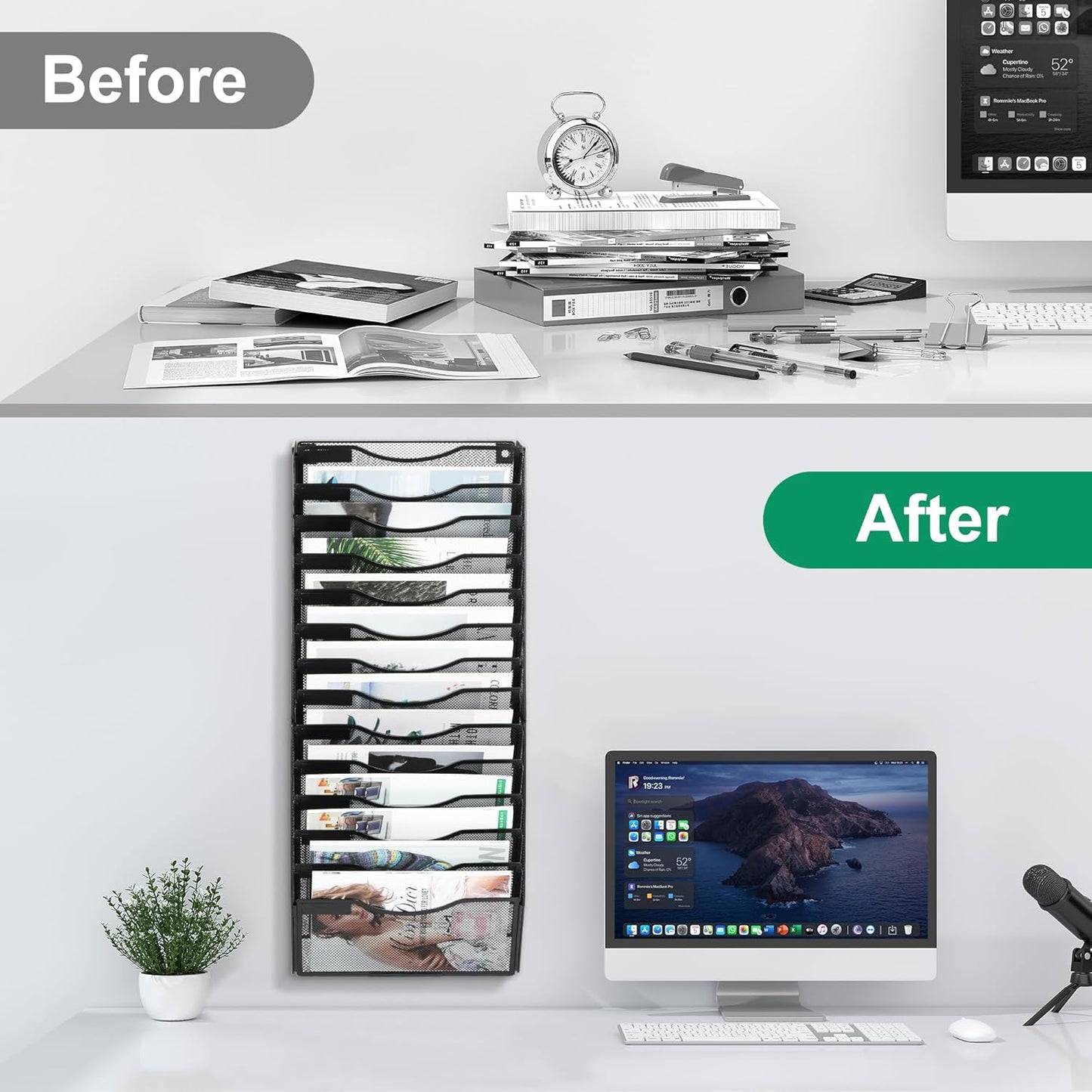 14-Pocket Wall File Organizer, Hanging Mail Organizer Wall Mounted Paper Document Holder, Metal Clipboard Storage Basket for Office Home School Organization, Black