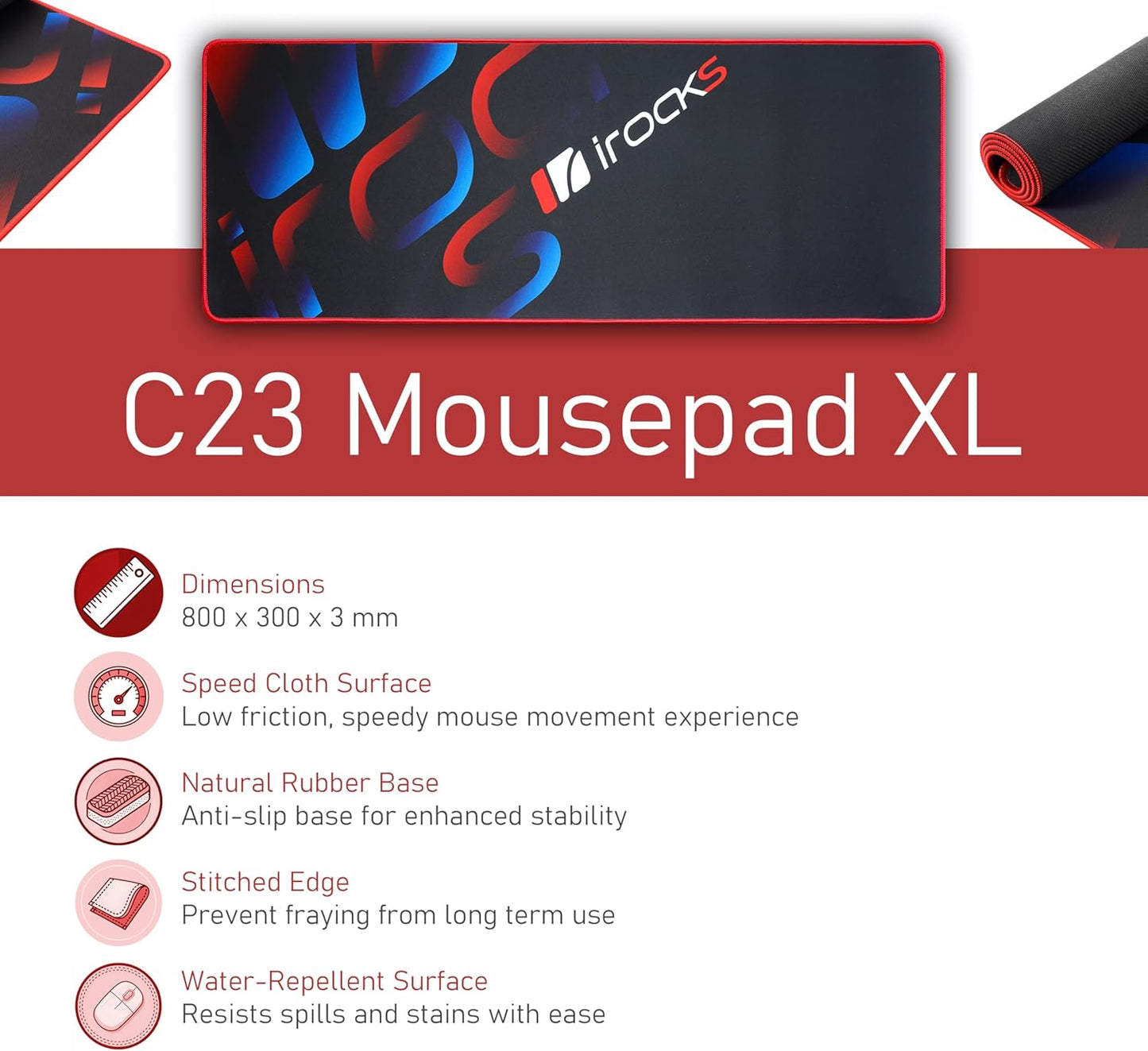 iRocks C23 Extended Gaming Mouse Pad, Table Pad, Desk Mat, Waterproof, Durable Surface, Compatible with All Mice – 31.5” x 11.81”