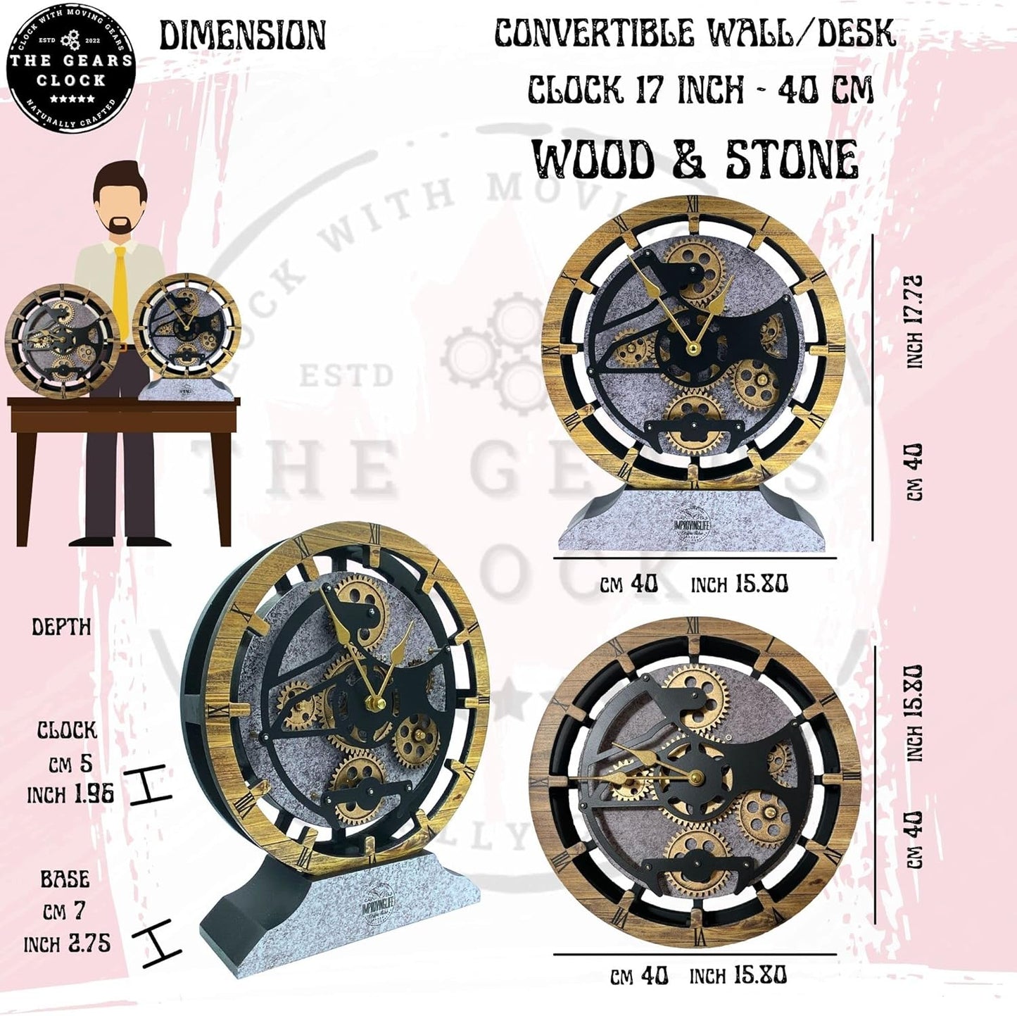 The Gears Clock 16 inches Wall Clock with Real Moving Gears Convertible into a Big Mantel Clock (Wood & Stone)