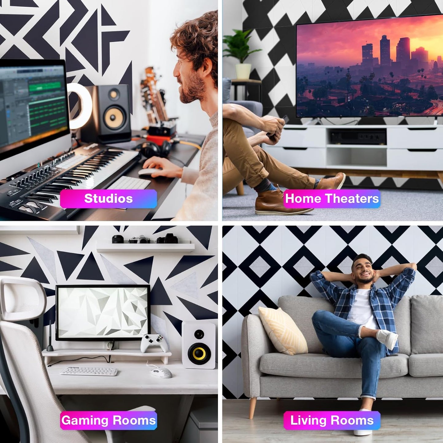 18 Pack Self-Adhesive Acoustic Panels, 12"x 12"x 0.4" Sound Absorbing Panels, High Density Square Sound Proof Noise Dampening Panels for Walls Home Studio Office, Triangle Cutting Style, Black