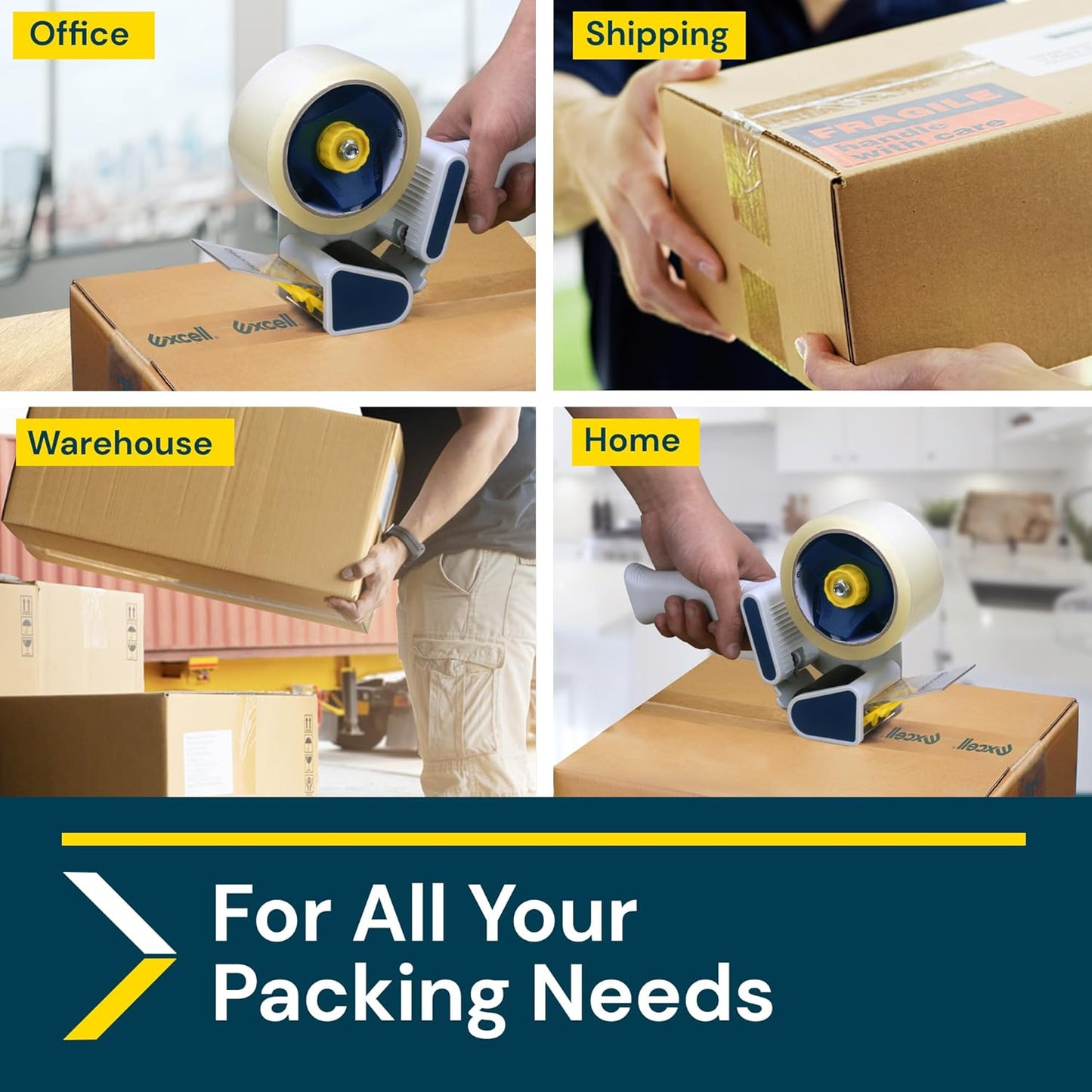 Excell Safeguard Packing Tape Dispenser with 1 Roll Transparent Tape, 2 Inch Wide Tape Gun with Pushflap Technology for Effortless Packaging, Box & Carton Sealing