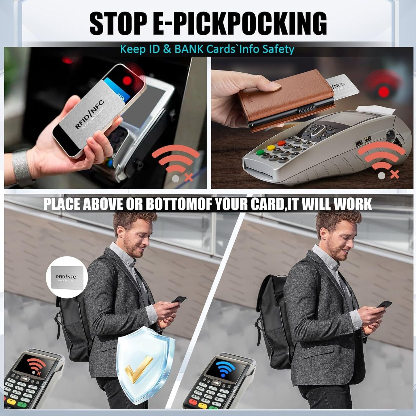 RFID Blocking Cards, Premium Contactless NFC Debit Credit Card & Passport Protector Blocker Set for Men & Women - Smart Slim Design One Card Protects Entire Wallet/Purse Safe -Silver 4 pack