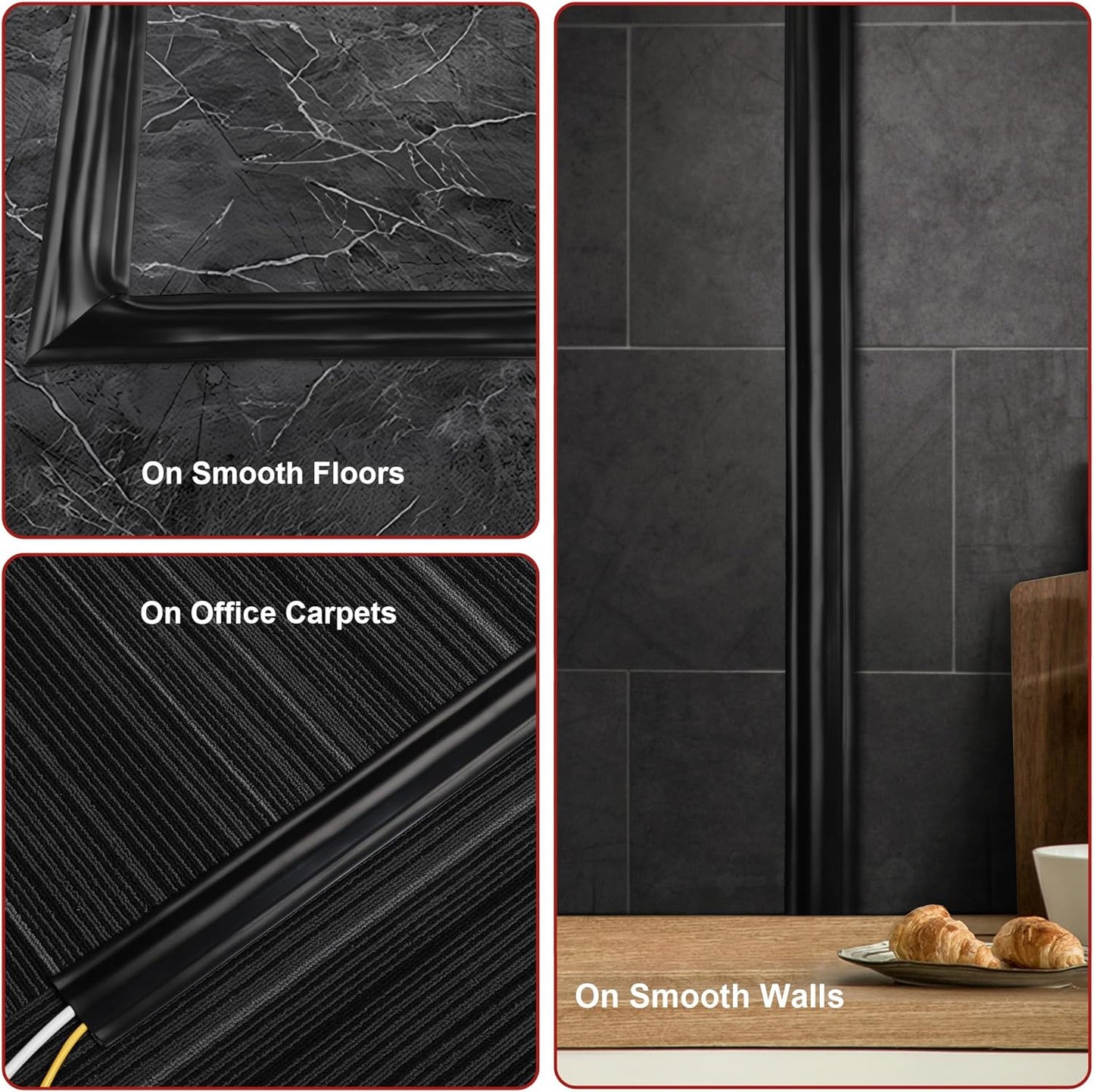 8.2Ft Cord Cover Floor, PVC Cord Covers for Wires on Floor, Soft Floor Cable Cover Cord Hider, Floor Cable Management Cable Protector for Commercial Office Carpet/Floors/Wall Black