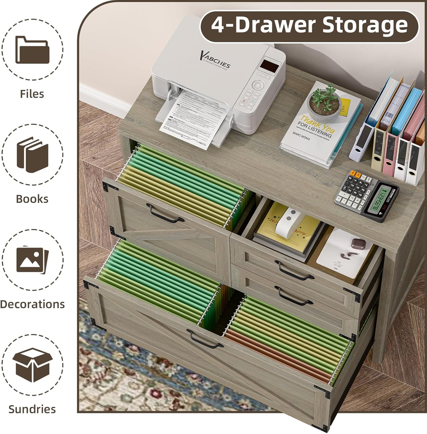 Wood Lateral File Cabinet with 4-Drawer for Hanging Files Letter/A4/Legal Size, Large Farmhouse Filing Cabinets for Home Office, Printer Stand with Office Cabinet, Office Furniture, Rustic Grey