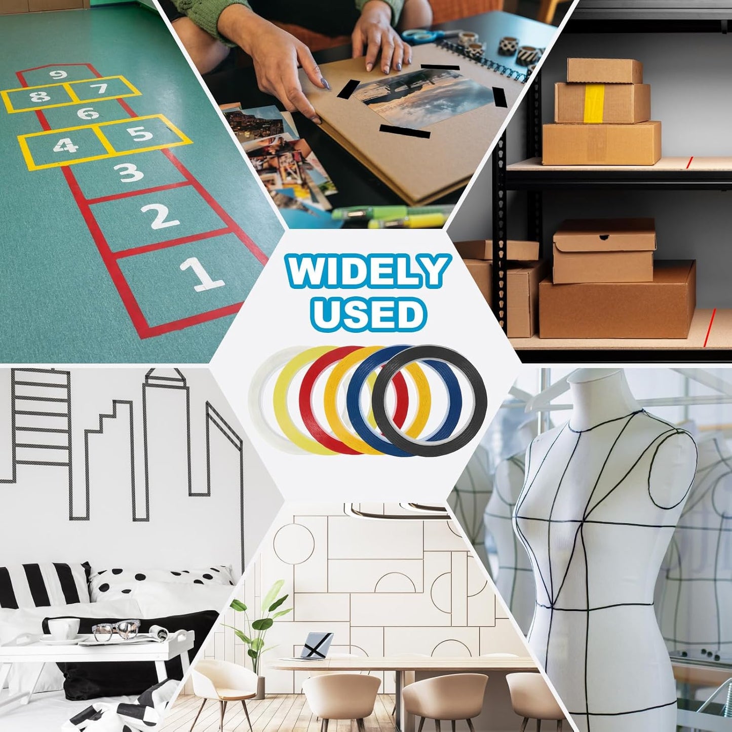 MECCANIXITY Whiteboard Tape 3/4" x 72 Yard Pinstripe Graphic Chart Line Grid Marking Tapes for Classroom Office Dry Erase Board Art, Blue, Pack of 3