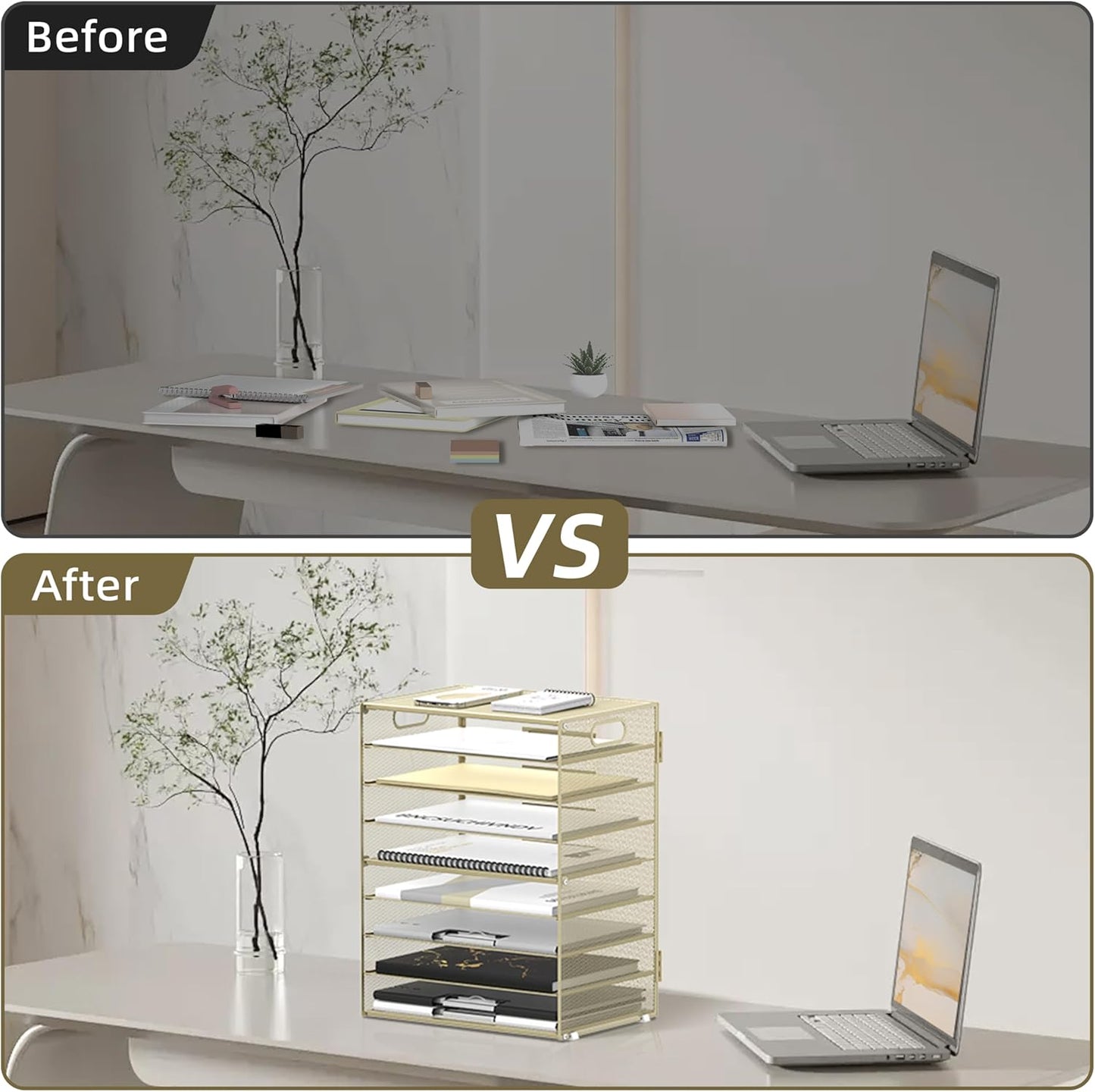 DALTACK 9-Tier Paper Letter Tray Desk Organizer with Handles, Mesh File Holder Organization, File Organizer for Desk Paper Sorter for Office Home School, Golden Yellow