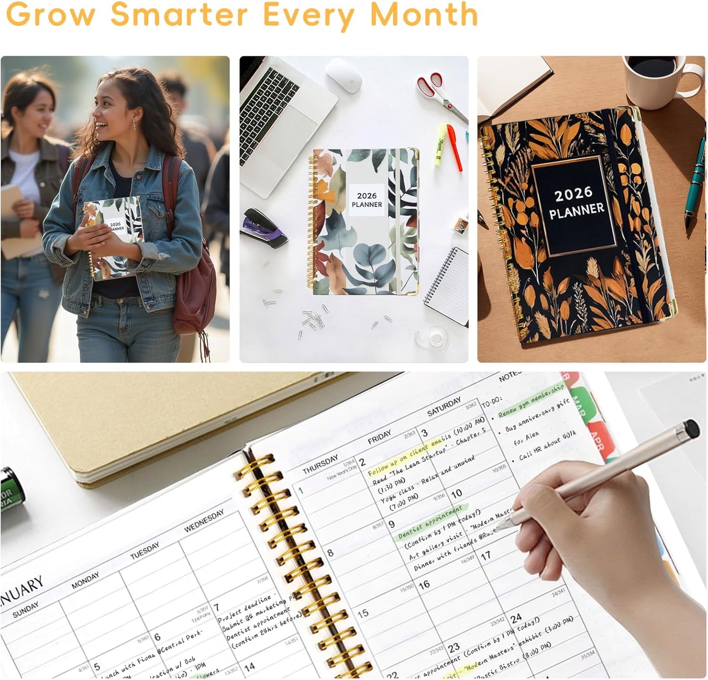 2026 Planner, A5 (6.3"x 8.5") Planner 2026 Jan-Dec, Monthly/Weekly/Daily Tabs with Contacts & Holidays, Hard Cover, Organizer for School and Business Supplies (Wheatear)