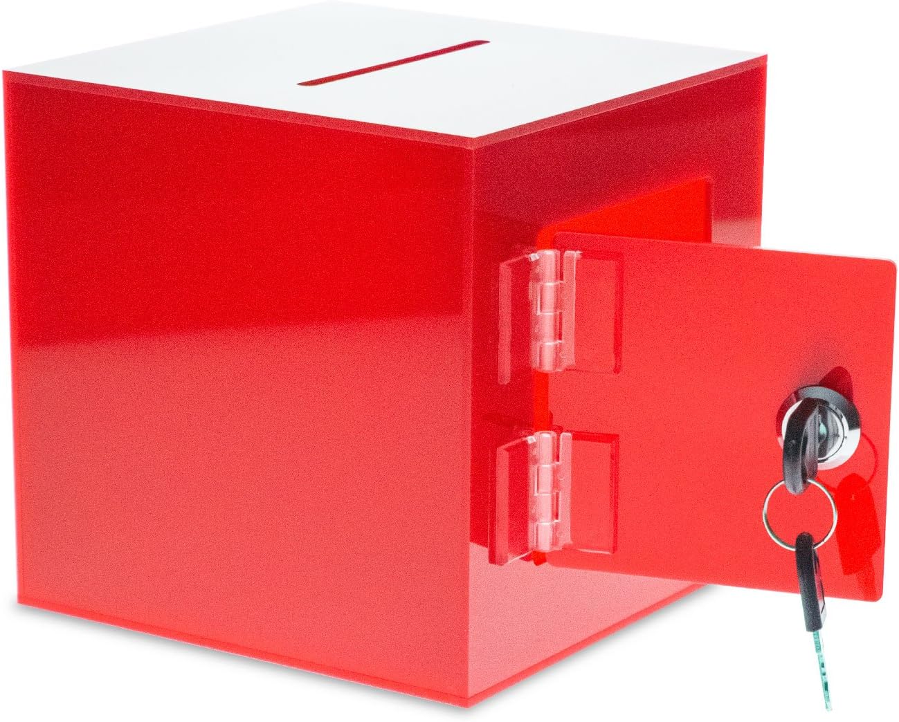 Source One Premium Acrylic Cube Donation Box with Deluxe Rear Open Door and Cam Lock Suggestion Box (8 Inch, Red)