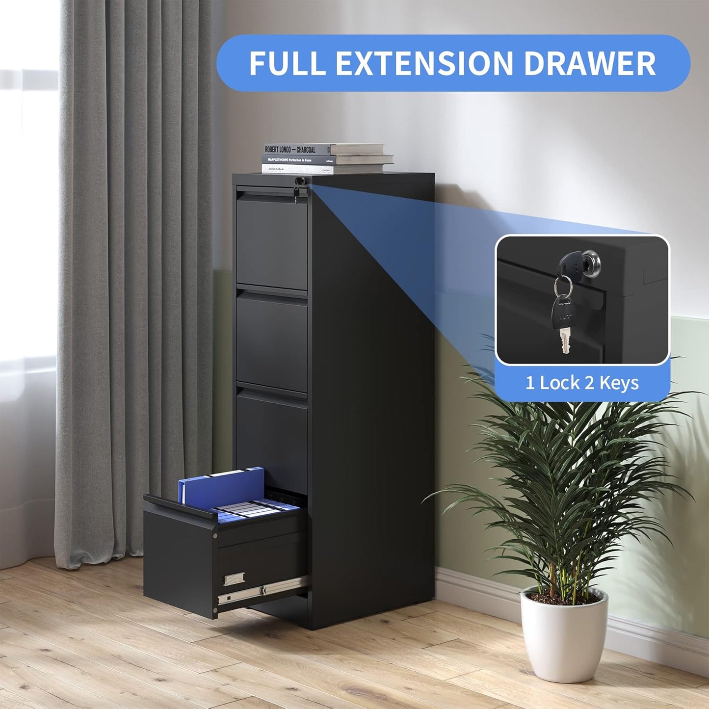 4 Drawer File Cabinet with Lock, Vertical Filing Cabinets for Home Office, Locking File Cabinet Hanging Files for A4/ Legal/Letter, Require Assembly, Black