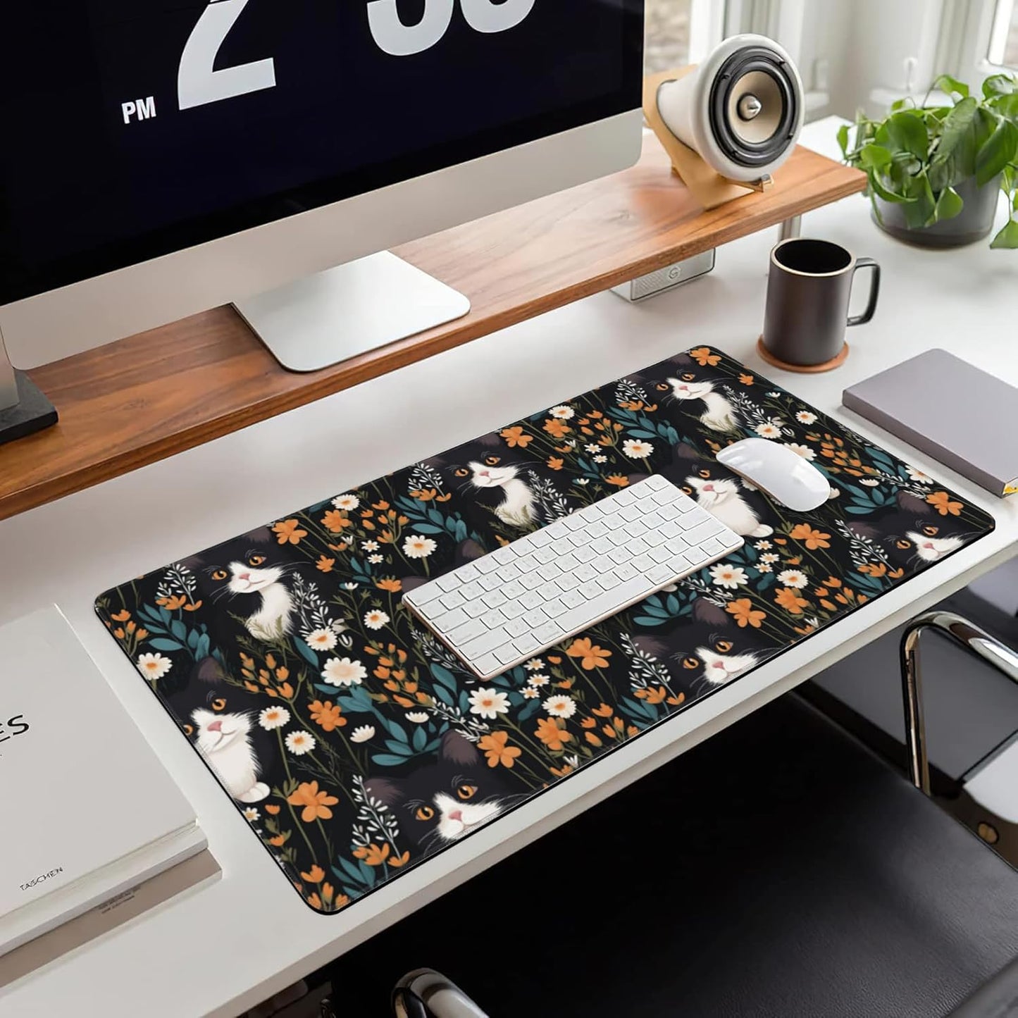 Extended Large Gaming Mouse Pad, Black Cat Wildflowers Large Desk Mat for Desktop XXL, Non-Slip Rubber Base Stitched Edges Long Computer Keyboard Desk Pad Mouse Mat for Gaming Home Office 35.4"X15.7"
