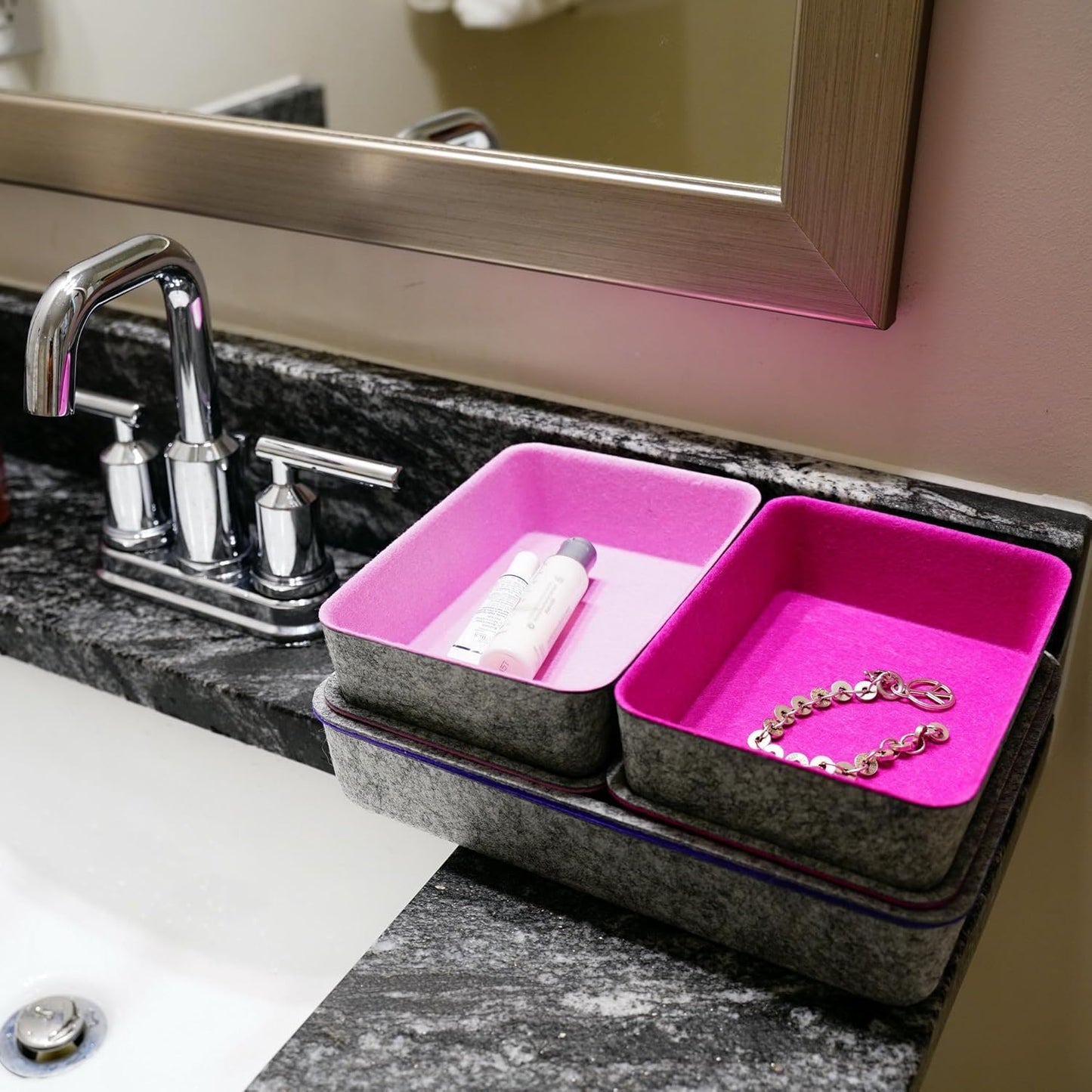 Welaxy Lidded Felt Drawer Organizer Trays with lids Desktop Organizer Bins Storage box for crafts office supplies pen Junk Makeup Stationery Organize 3-Pack ( light pink + hot pink + purple)