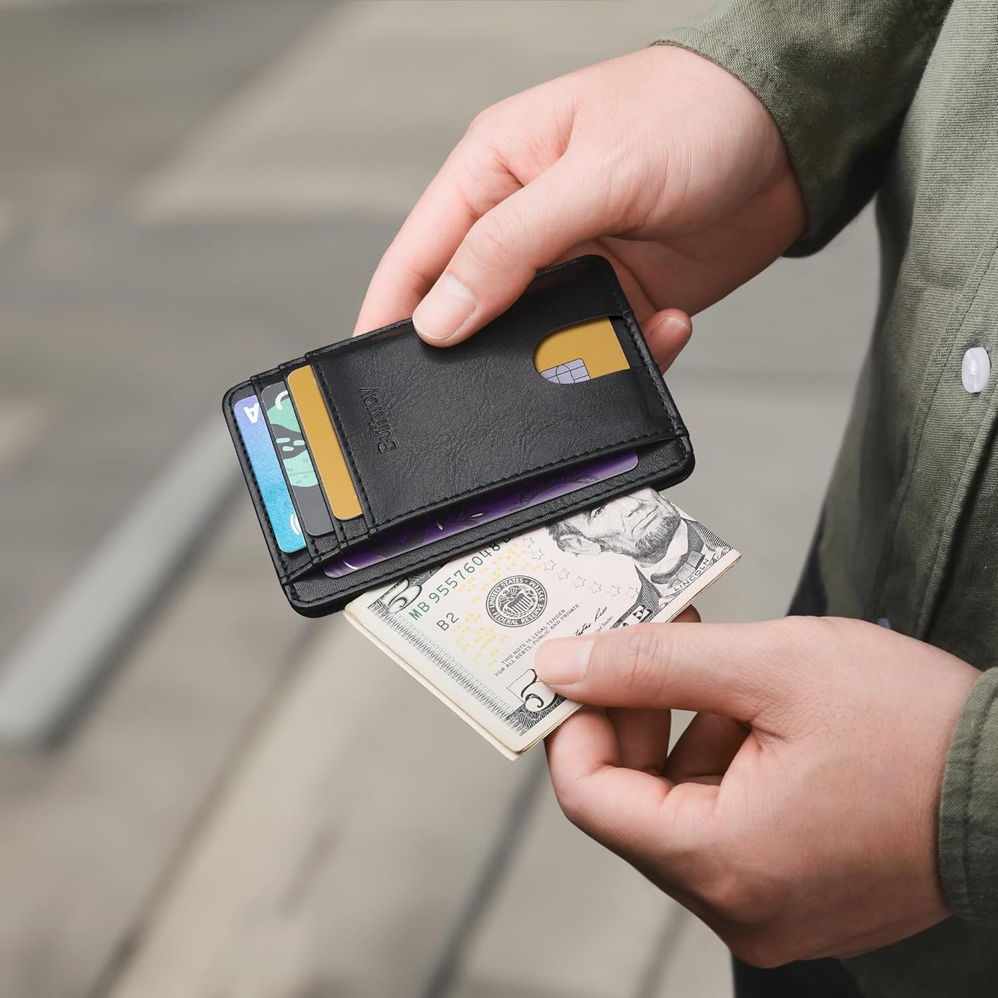 Buffway Slim Minimalist Front Pocket RFID Blocking Leather Wallets for Men and Women - Slate Black