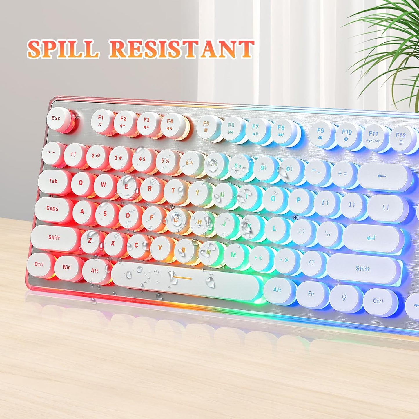 Typewriter Style Keyboard with Metal Panel, Rainbow LED Backlit, Round Keys, Anti-ghosting, Spill Resistant, Light Up USB Wired Retro 104 Keys for Office/Gaming, White/Silver