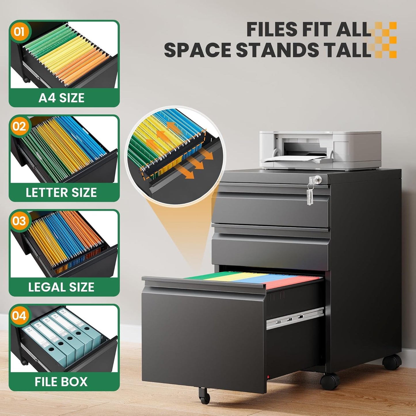 Mobile File Cabinet with Lock, 3 Drawer File Cabinet for Home Office, Rolling File Cabinet, Under Desk Locking Filing Cabinet on Wheels for Legal/Letter/A4 File, Fully Assembled, Black