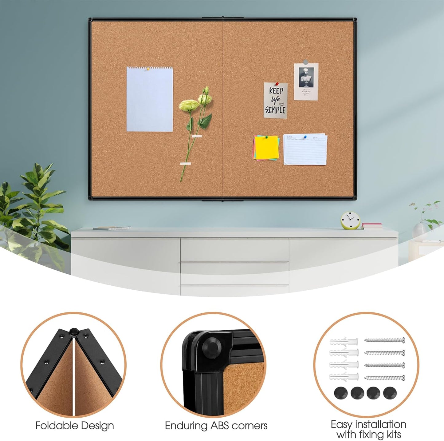 Board2by Extra Large Cork Bulletin Board 60" X 36", Foldable Notice Pin Board for Wall, Black Aluminum Framed 5'x3' Corkboard, Wall Mounted Noticeboard with 36 Push Pins for School, Home & Office